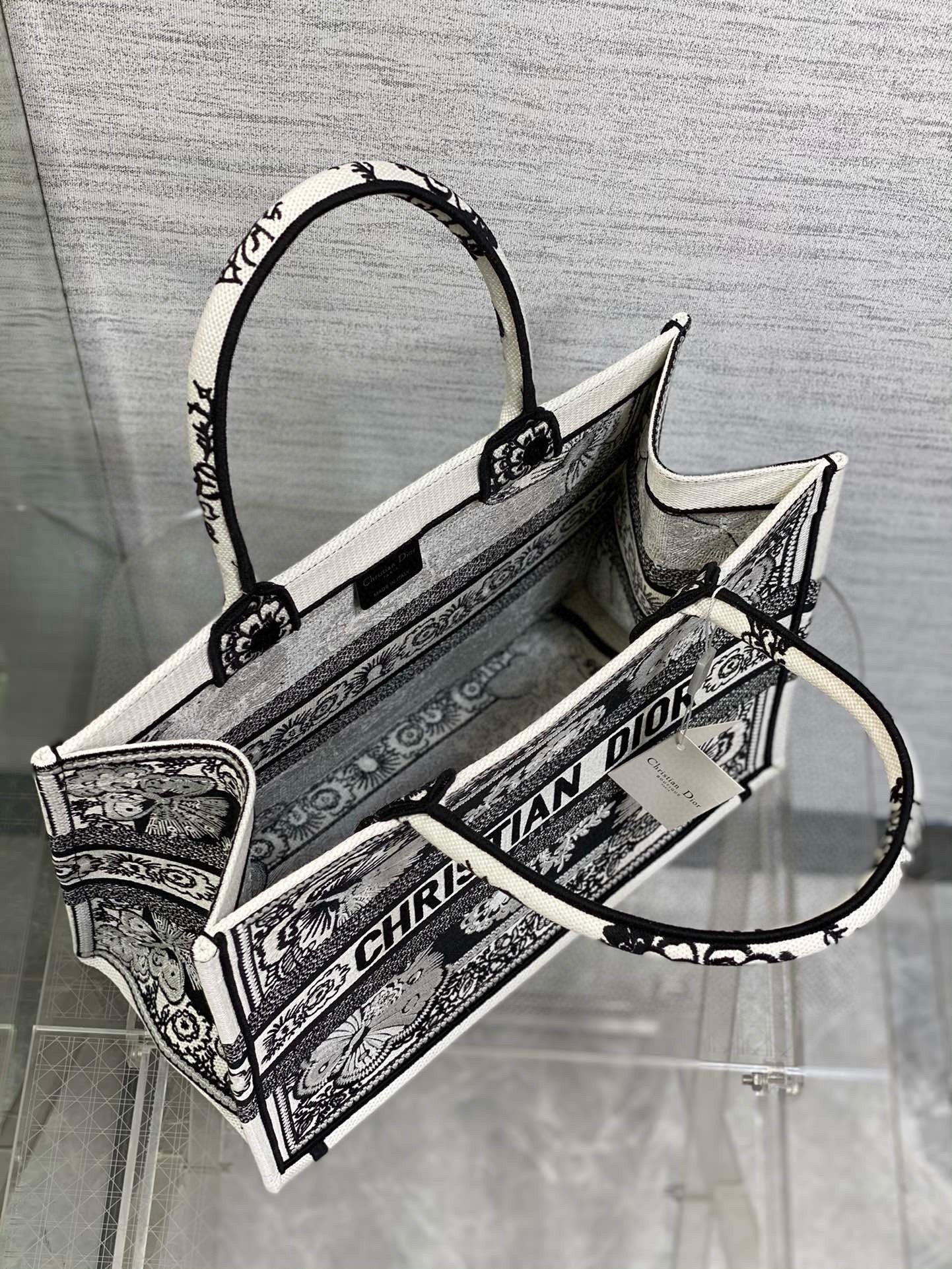 Dior Medium Book Tote Bag in Black and White Butterfly Bandana Embroidery