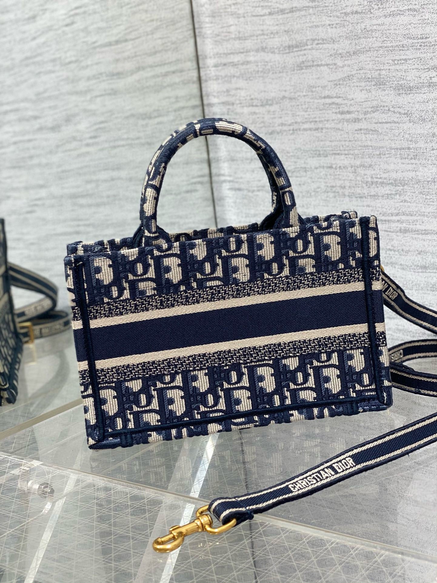 Dior Mini Book Tote with Strap in Blue Dior Oblique Embroidery