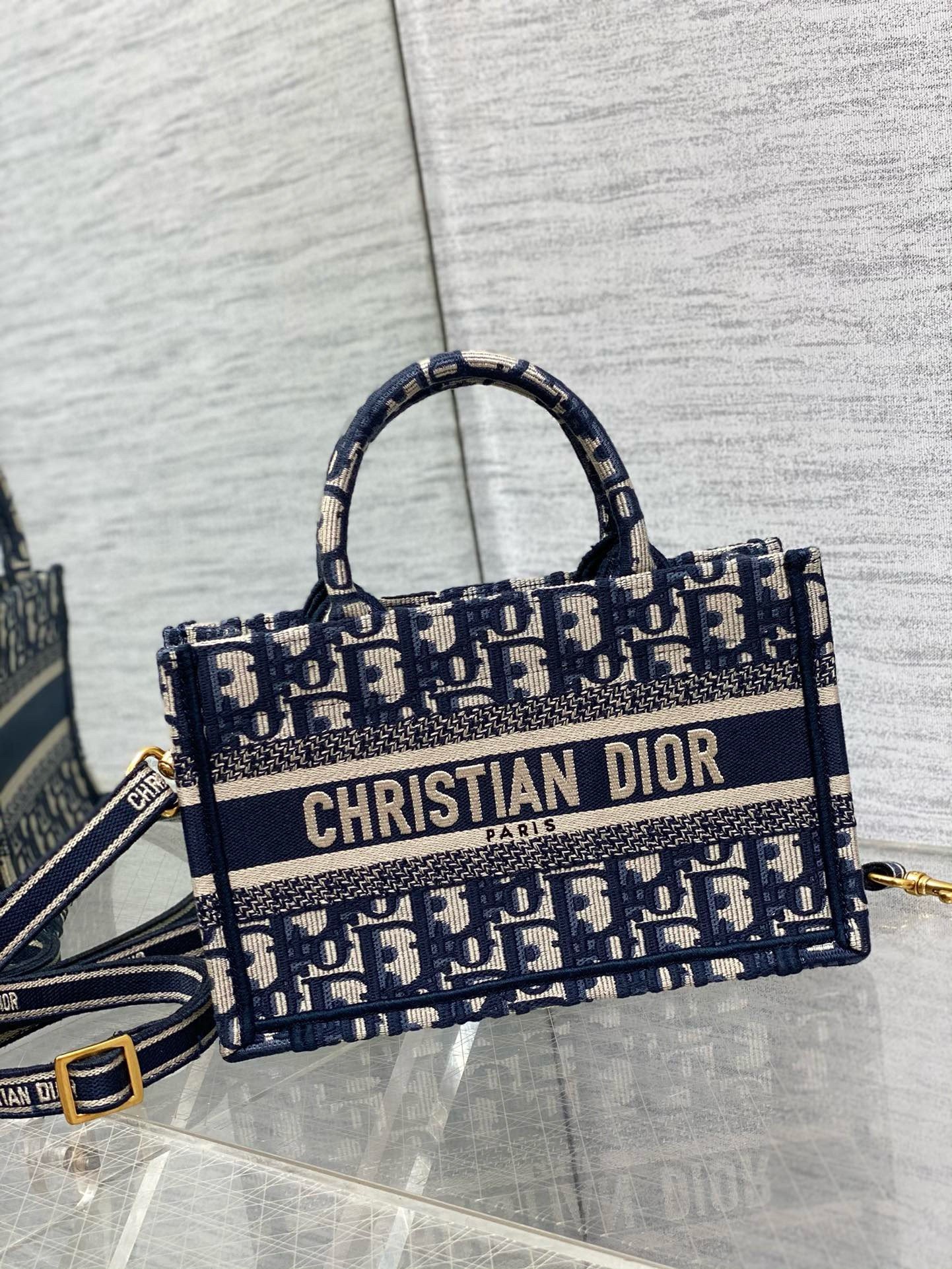 Dior Mini Book Tote with Strap in Blue Dior Oblique Embroidery