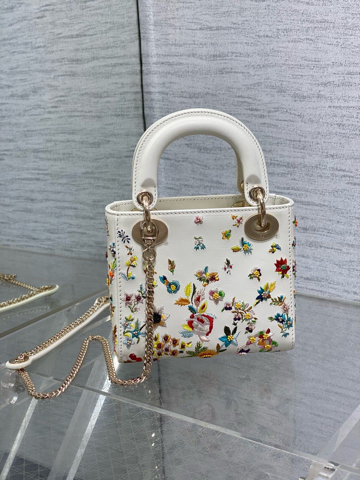 Dior Lady Dior Mini Bag in White Calfskin with Multicolor Small Flowers