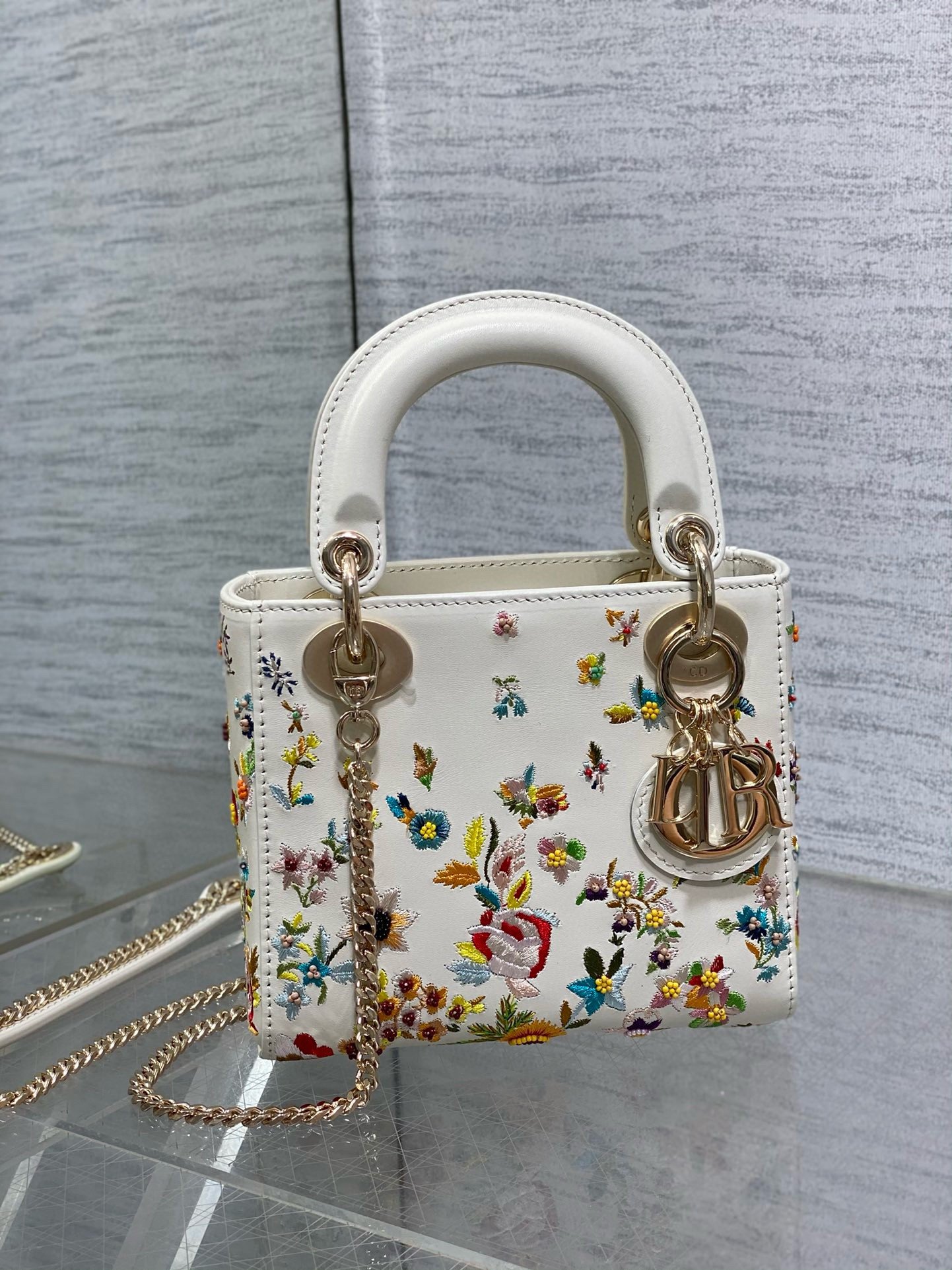 Dior Lady Dior Mini Bag in White Calfskin with Multicolor Small Flowers