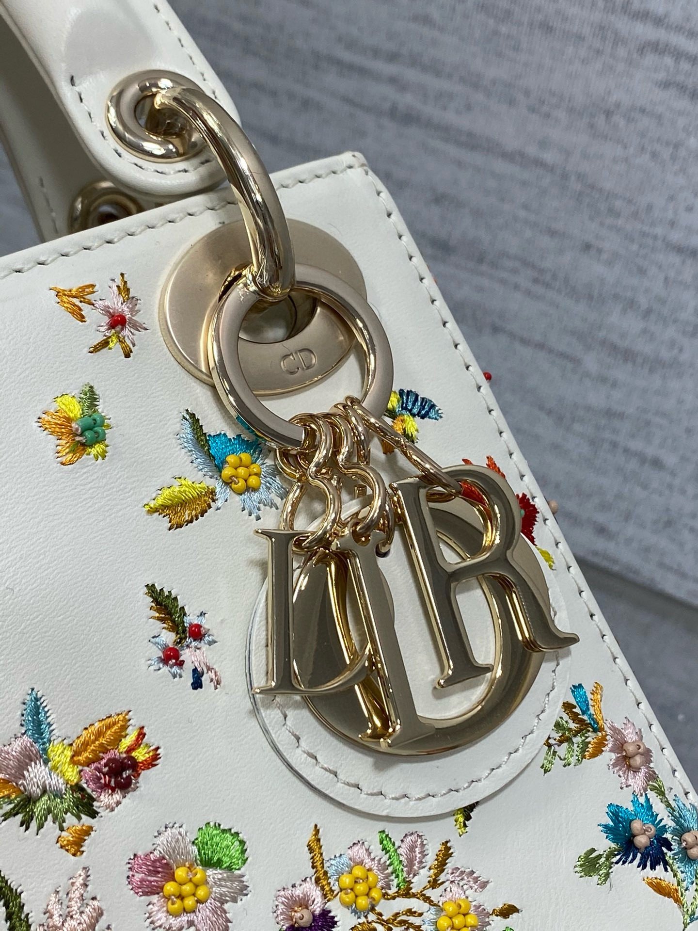 Dior Lady Dior Mini Bag in White Calfskin with Multicolor Small Flowers