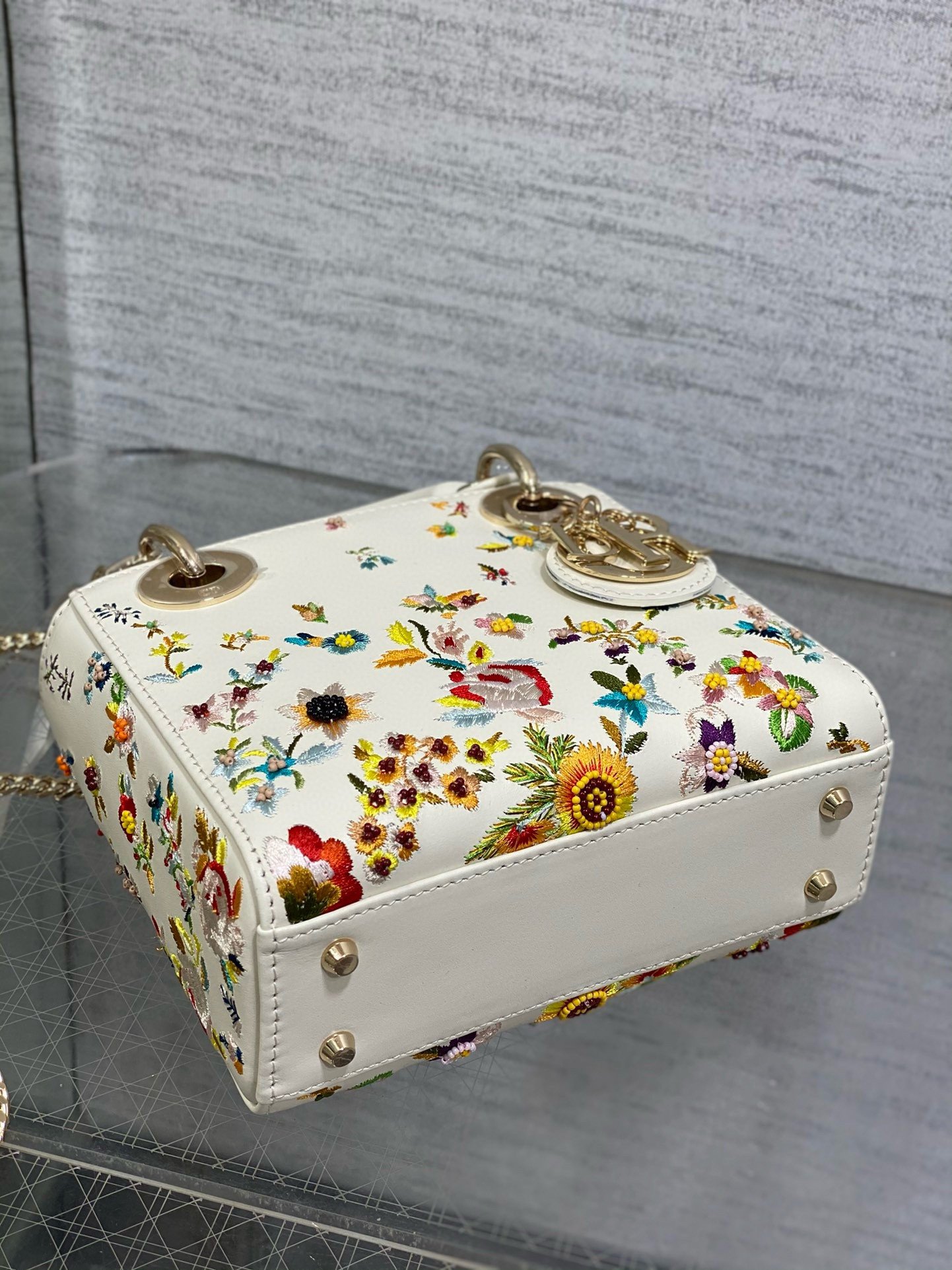 Dior Lady Dior Mini Bag in White Calfskin with Multicolor Small Flowers