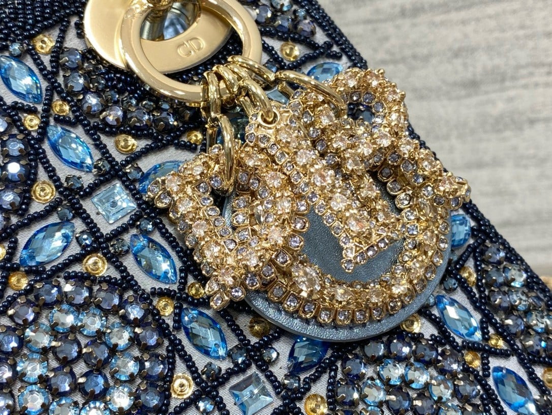 Dior Lady Dior Mini Chain Bag in Satin with Blue Bead Embroidery