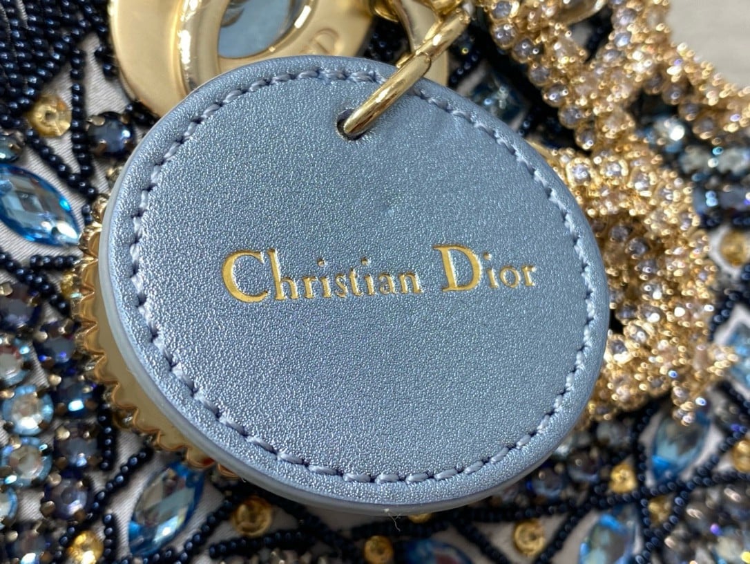 Dior Lady Dior Mini Chain Bag in Satin with Blue Bead Embroidery