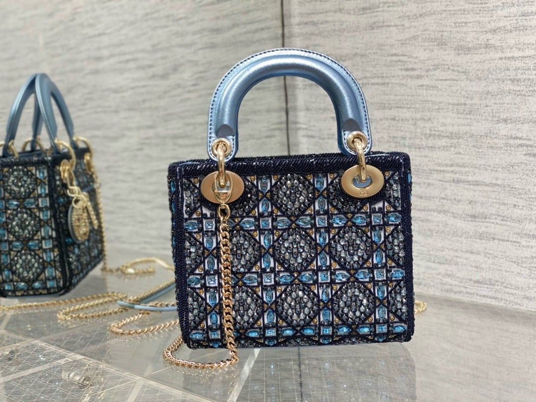 Dior Lady Dior Mini Chain Bag in Satin with Blue Bead Embroidery