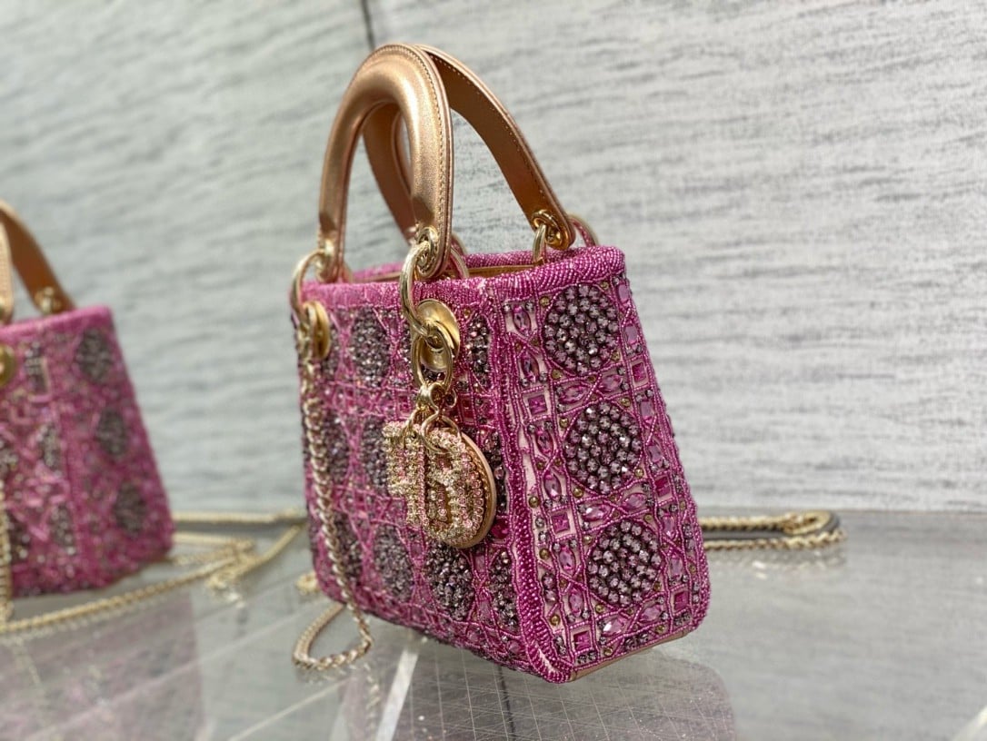 Dior Lady Dior Mini Chain Bag in Satin with Pink Resin Pearl Embroidery