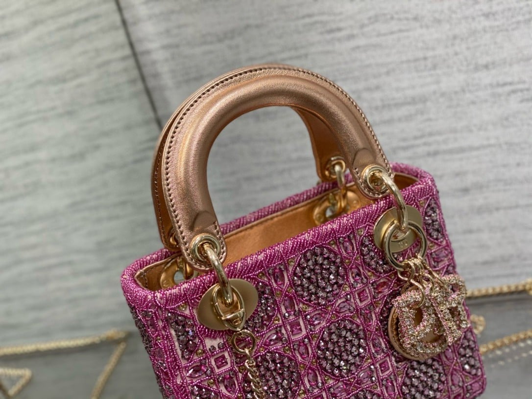 Dior Lady Dior Mini Chain Bag in Satin with Pink Resin Pearl Embroidery