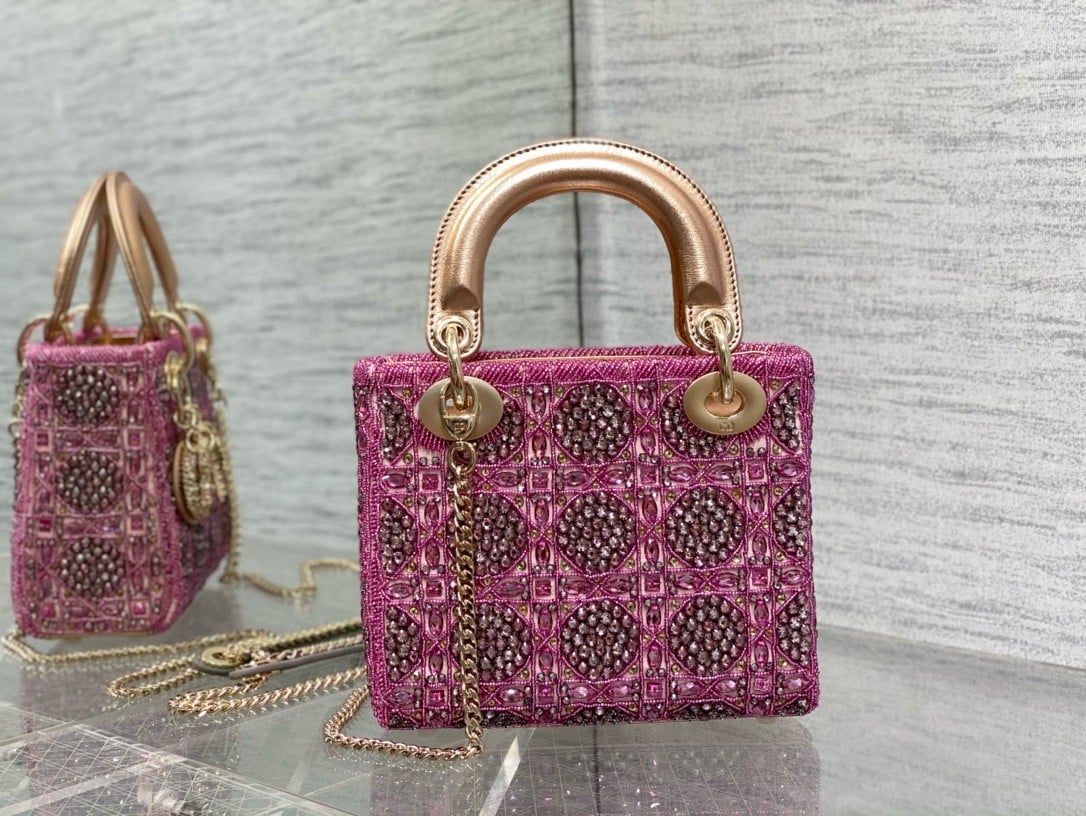 Dior Lady Dior Mini Chain Bag in Satin with Pink Resin Pearl Embroidery