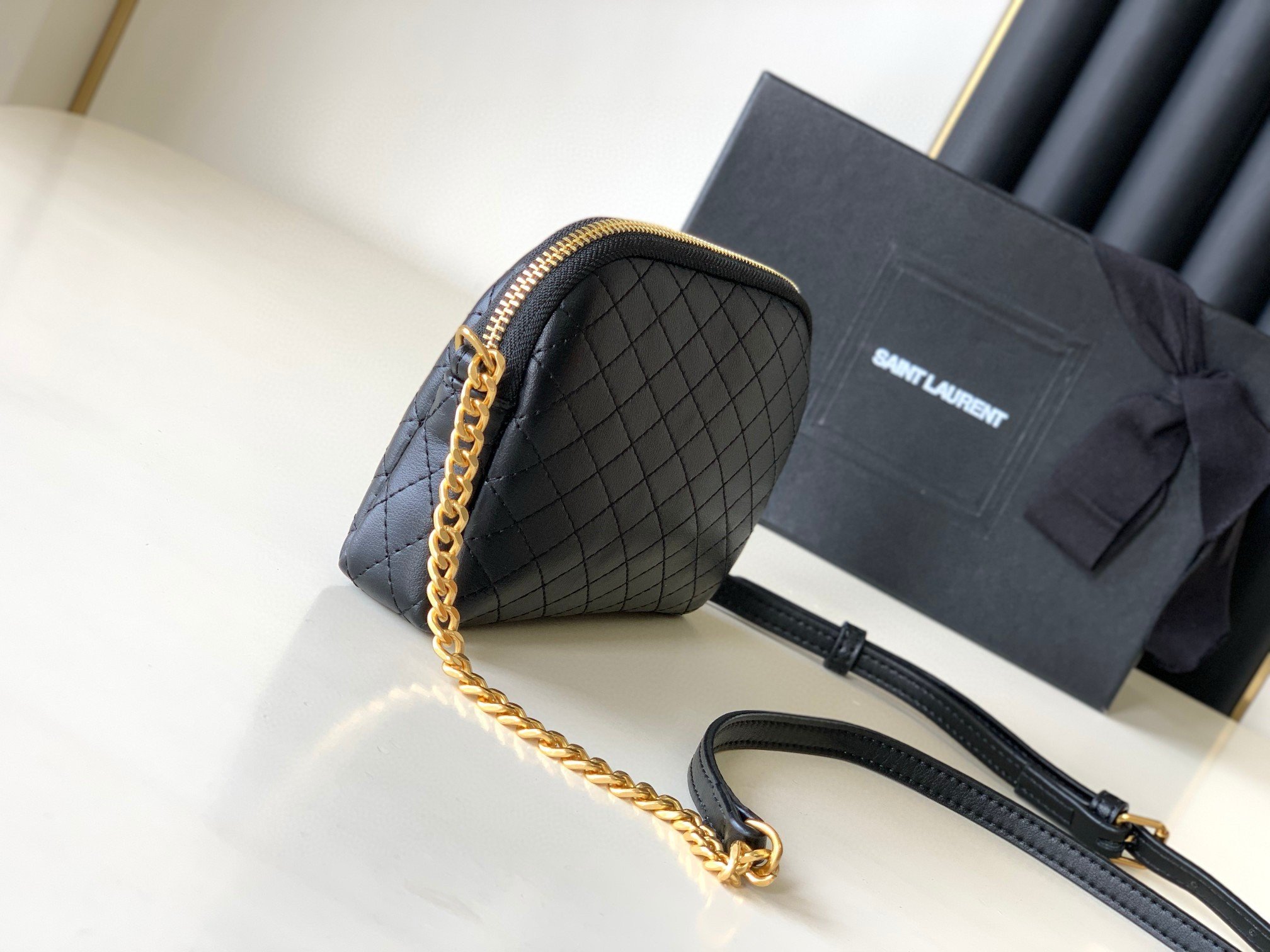 Saint Laurent Gaby Zipped Pouch in Black Quilted Lambskin