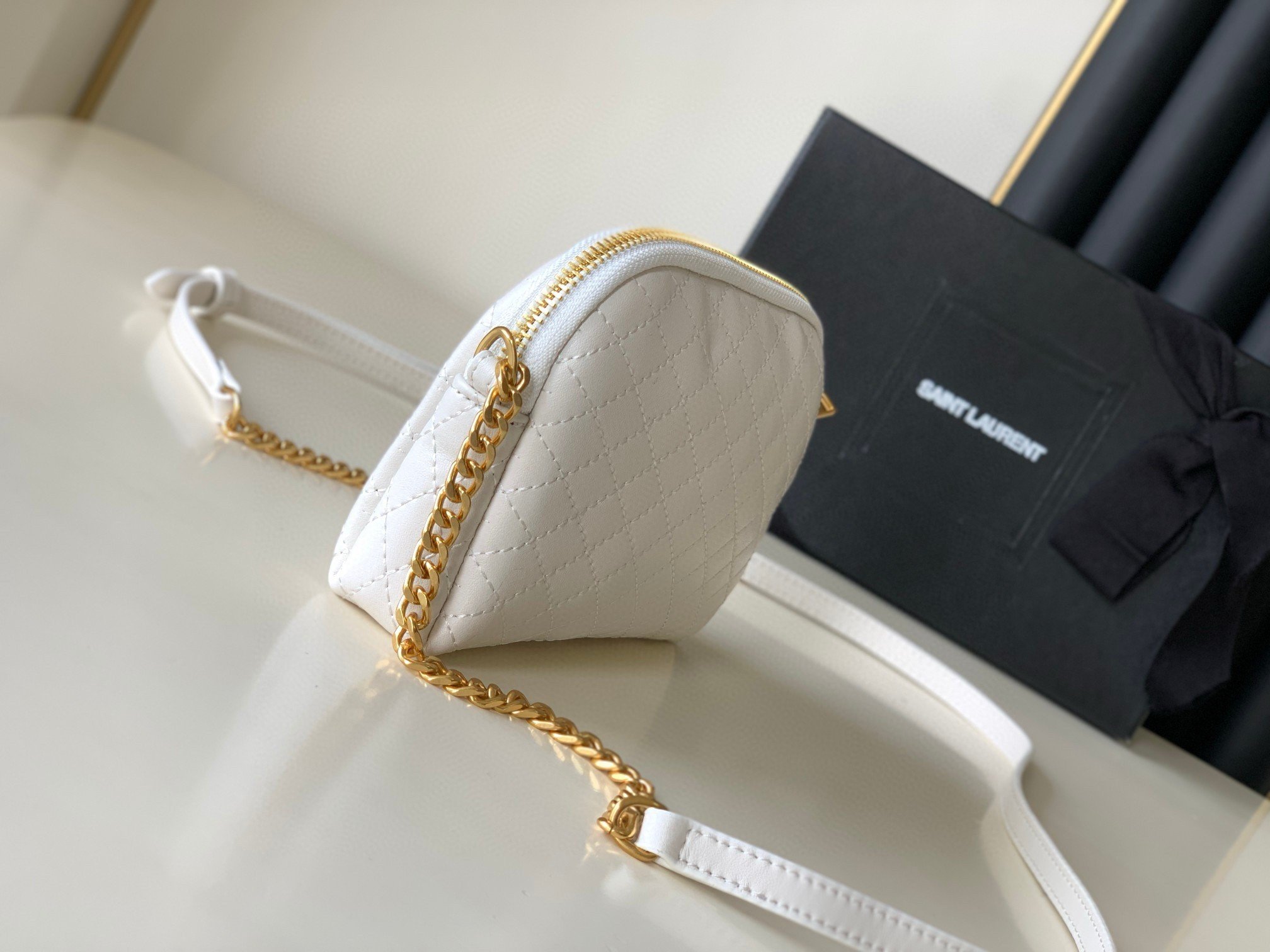 Saint Laurent Gaby Zipped Pouch in White Quilted Lambskin