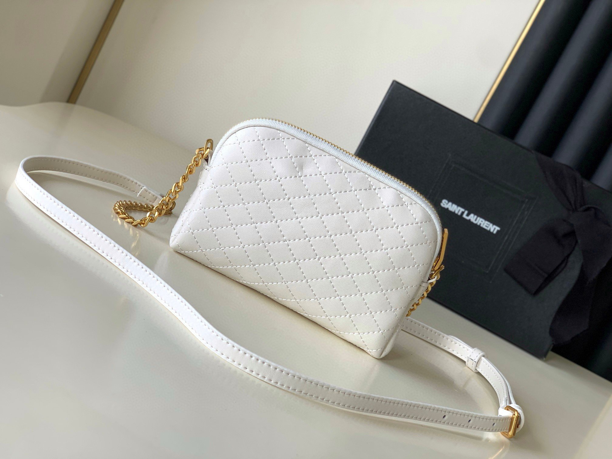 Saint Laurent Gaby Zipped Pouch in White Quilted Lambskin