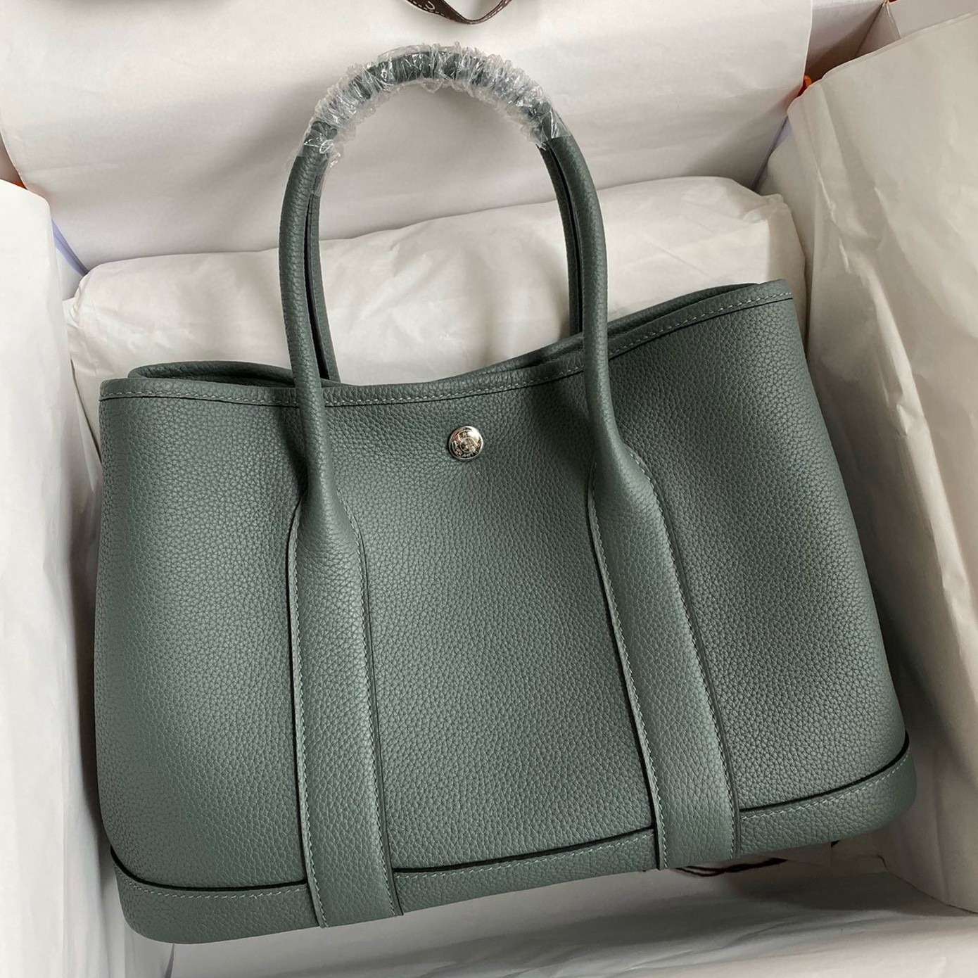 Hermes Garden Party 30 Handmade Bag in Vert Amande Clemence Leather