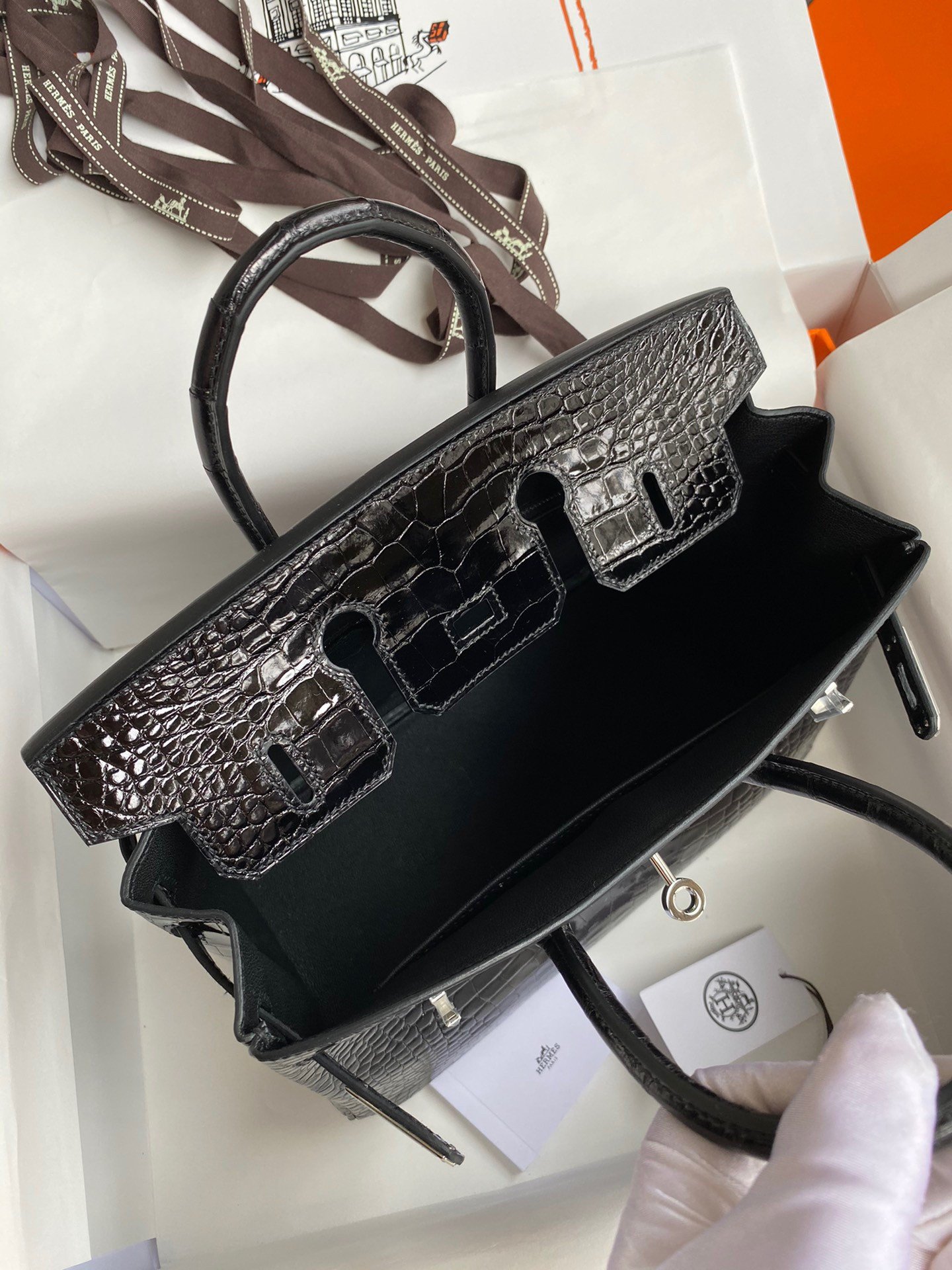 Hermes Birkin 25 Retourne Handmade Bag In Black Shiny Alligator Leather