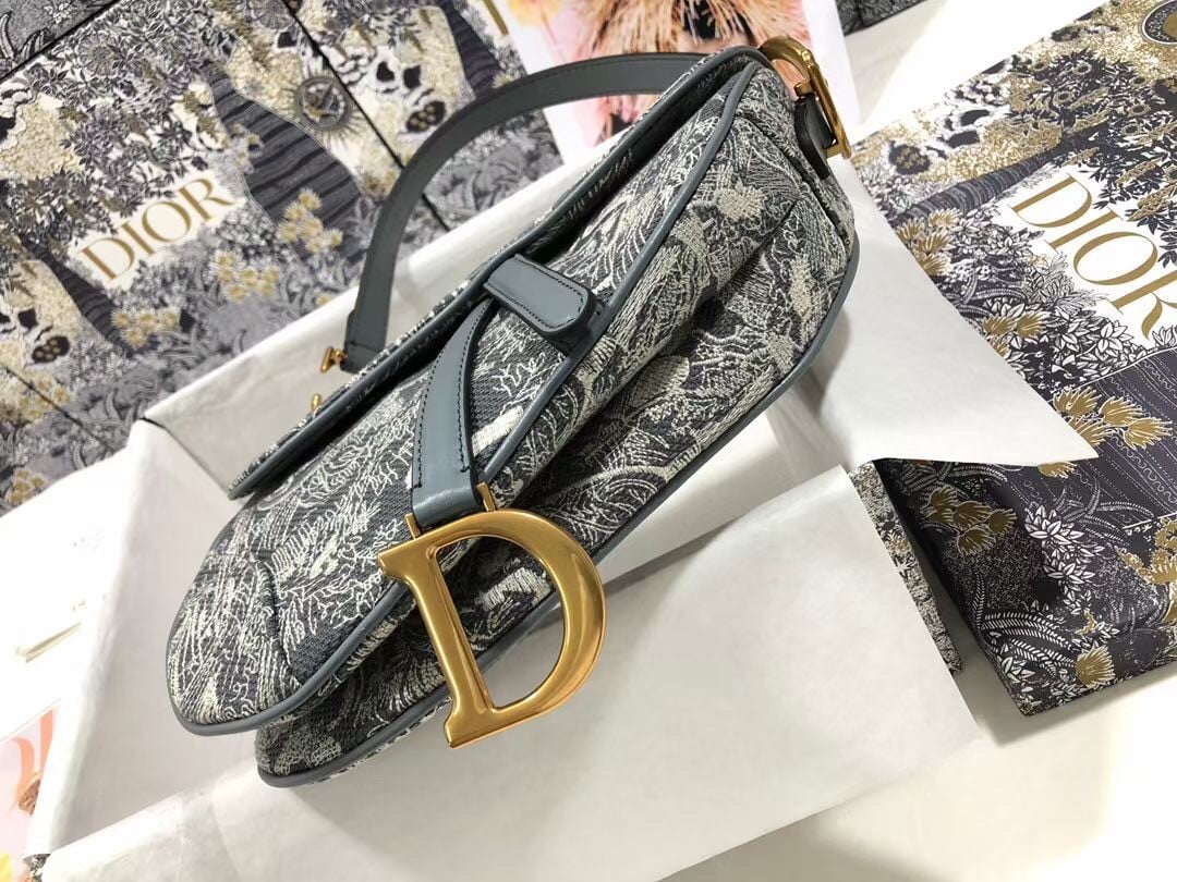 Dior Saddle Bag In Grey Toile de Jouy Reverse Jacquard