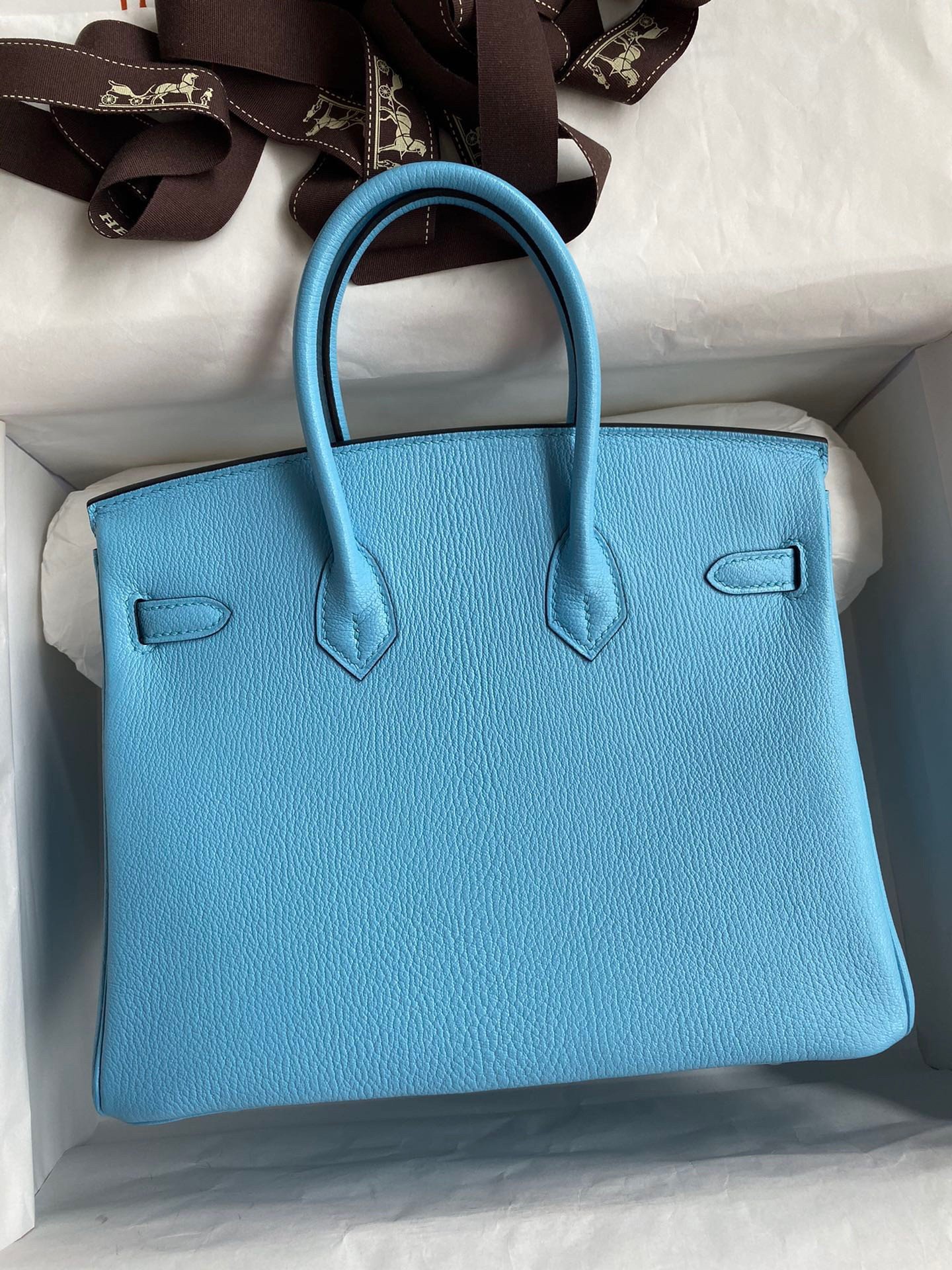 Hermes Birkin 25 Retourne Handmade Bag In Blue Aztec Chevre Mysore Leather