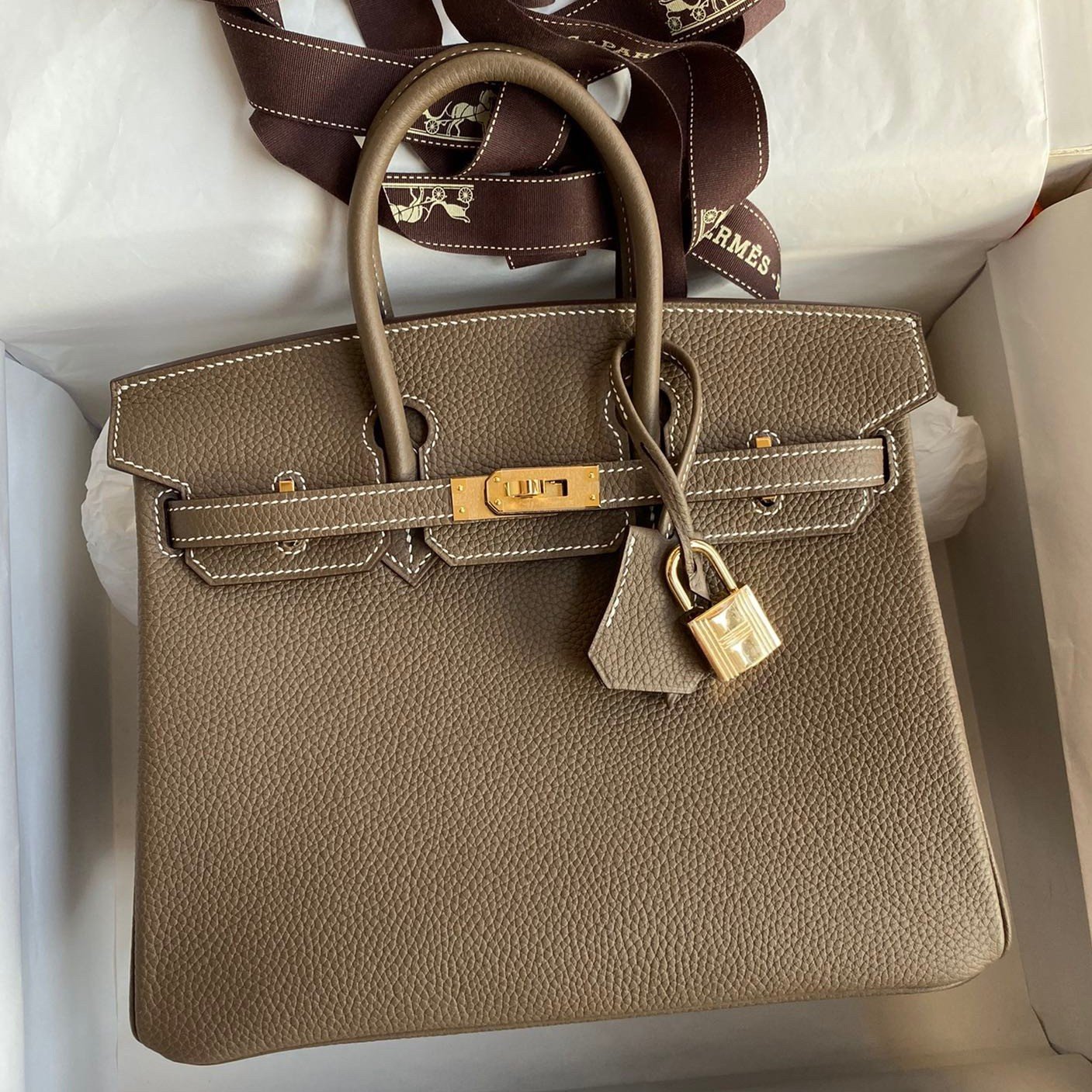 Hermes Birkin 25 Retourne Handmade Bag In Taupe Clemence Leather