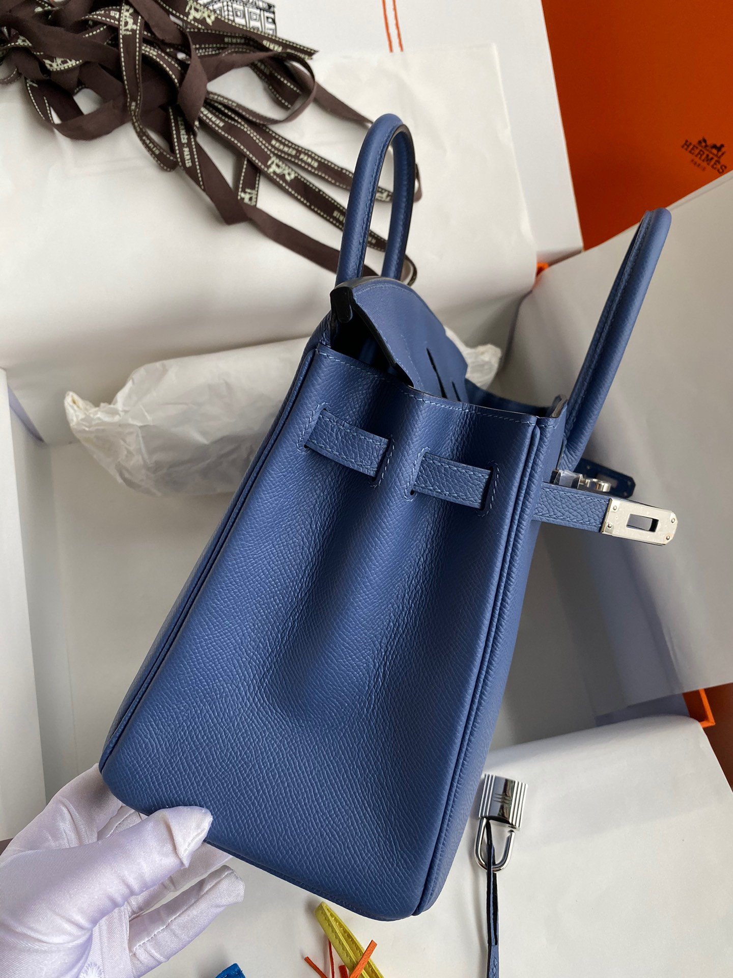 Hermes Birkin 25 Retourne Handmade Bag In Blue Agate Epsom Calfskin