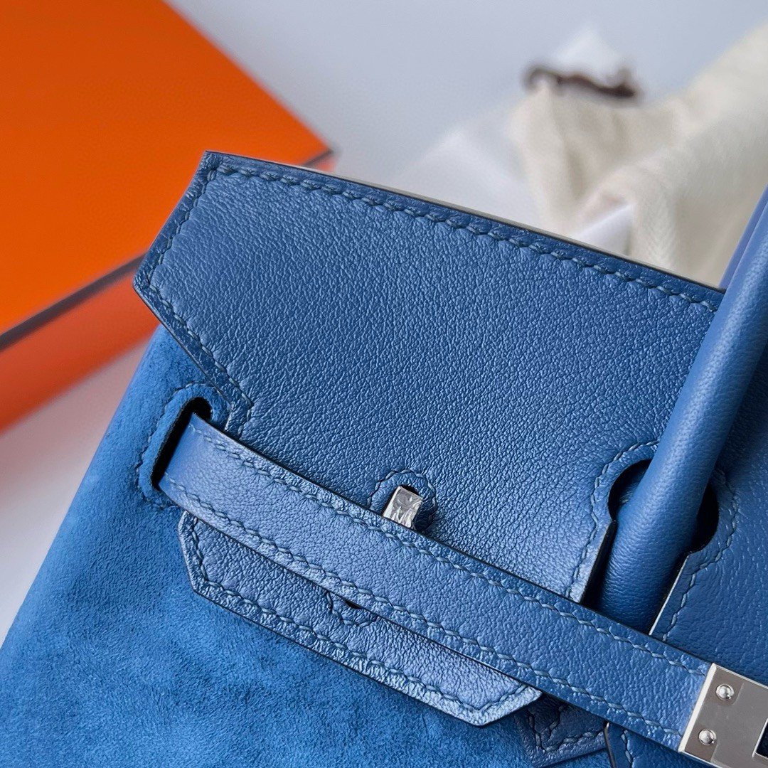 Hermes Birkin 25 Grizzly Bag in Blue Veau Doblis and Swift Leather