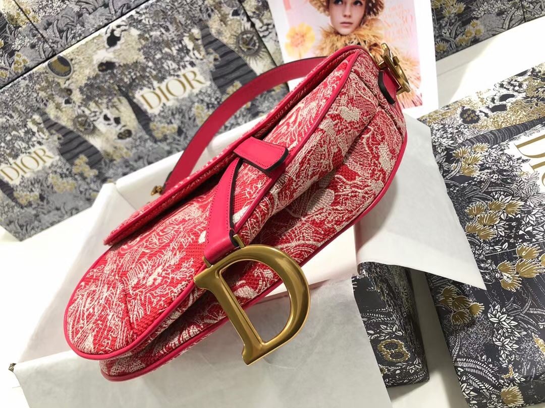 Dior Saddle Bag In Red Toile de Jouy Reverse Jacquard