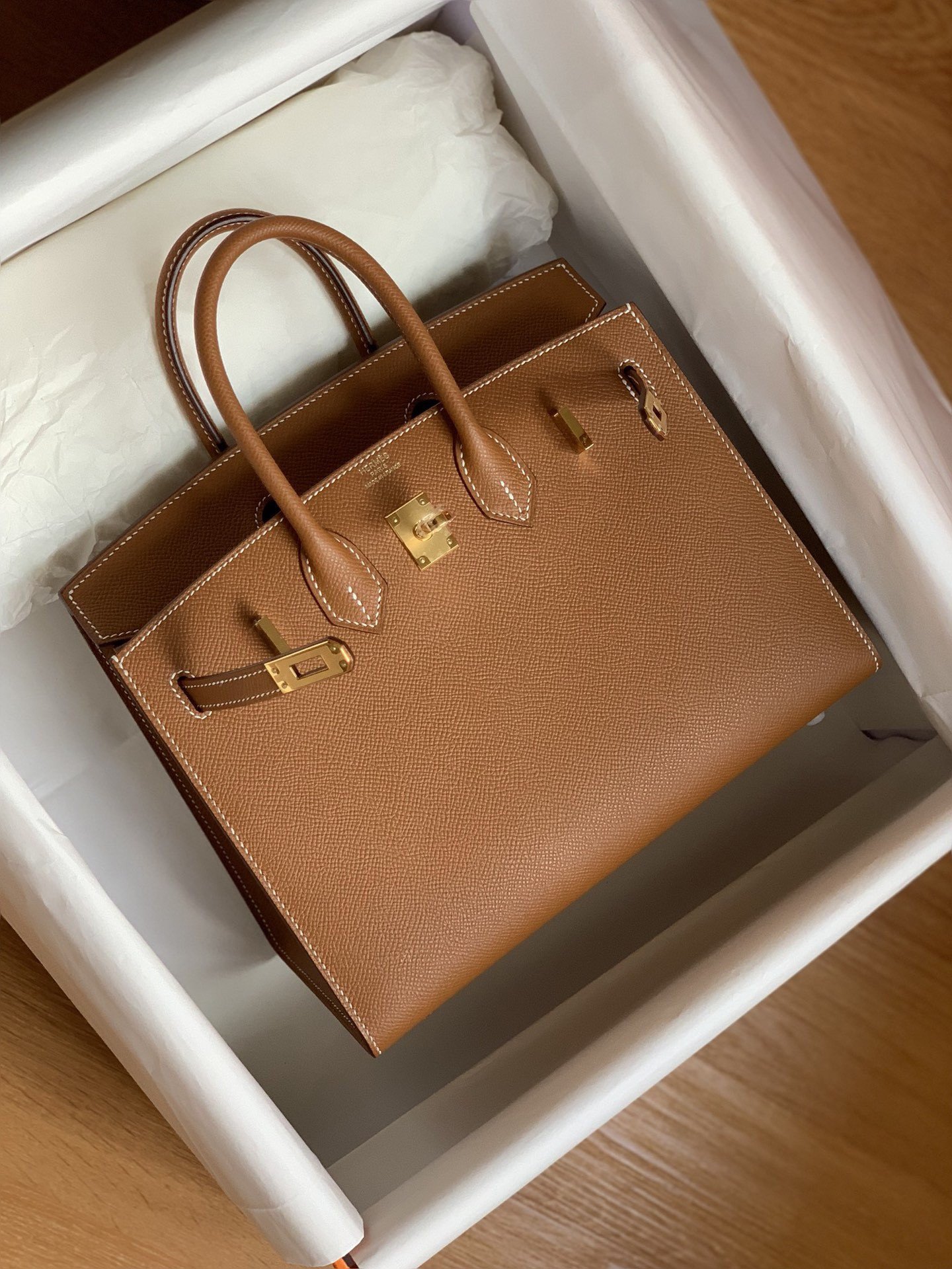 Hermes Birkin 25 Sellier Handmade Bag In Gold Epsom Calfskin