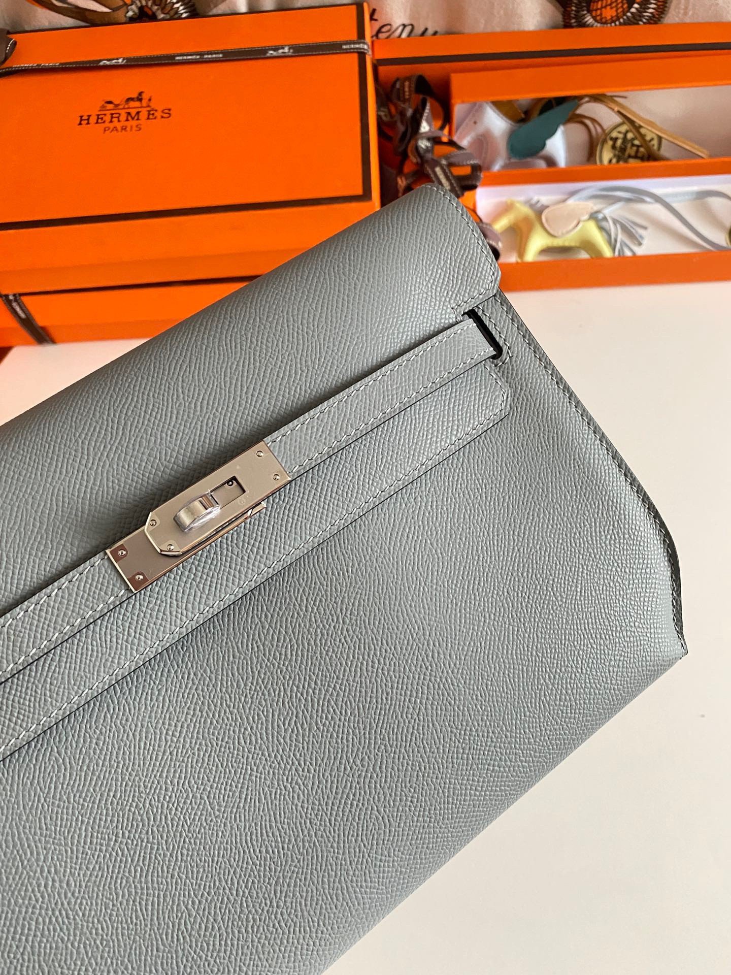 Hermes Kelly Depeches 25 Pouch in Blue Lin Epsom Calfskin