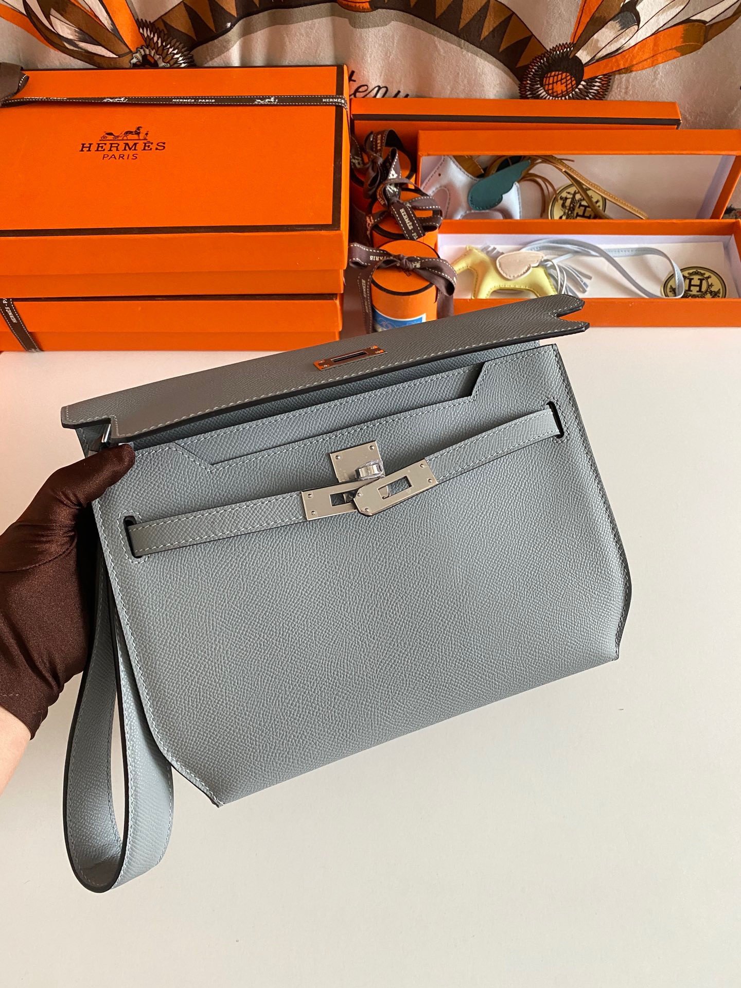 Hermes Kelly Depeches 25 Pouch in Blue Lin Epsom Calfskin