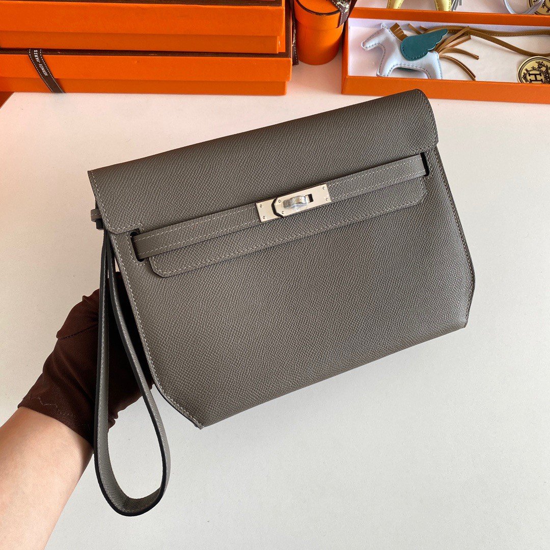 Hermes Kelly Depeches 25 Pouch in Etain Epsom Calfskin