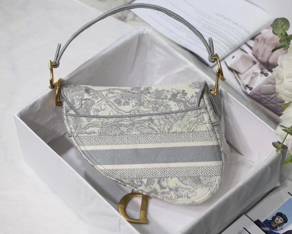 Dior Saddle Bag In Grey Toile de Jouy Embroidery