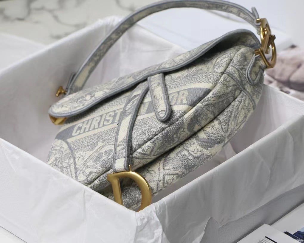 Dior Saddle Bag In Grey Toile de Jouy Embroidery