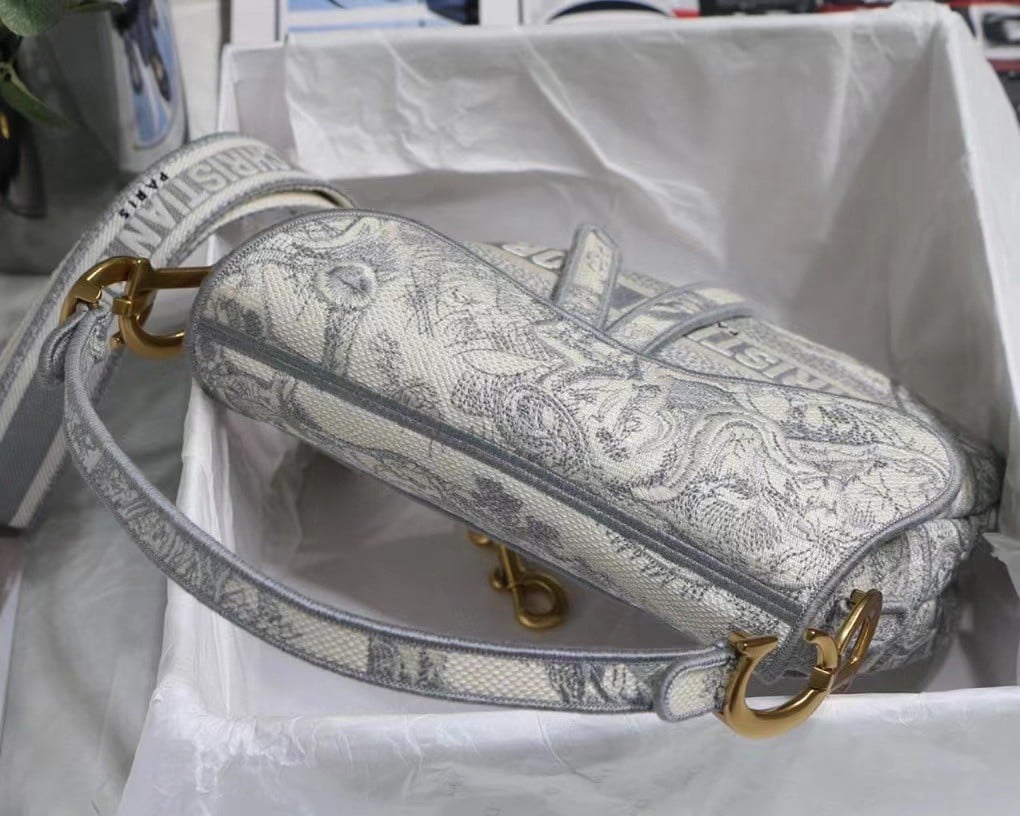 Dior Saddle Bag In Grey Toile de Jouy Embroidery