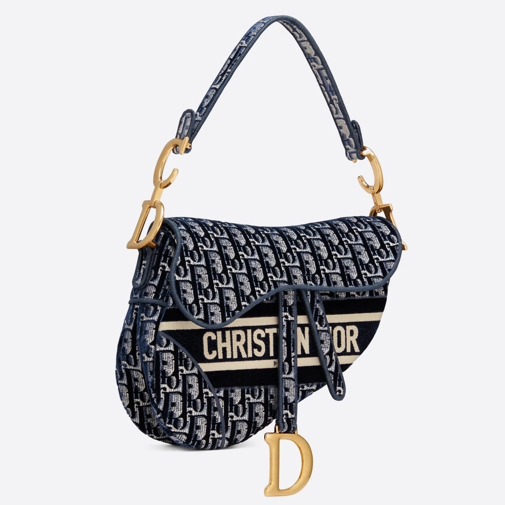 Dior Saddle Bag In Blue Velvet Oblique Embroidered