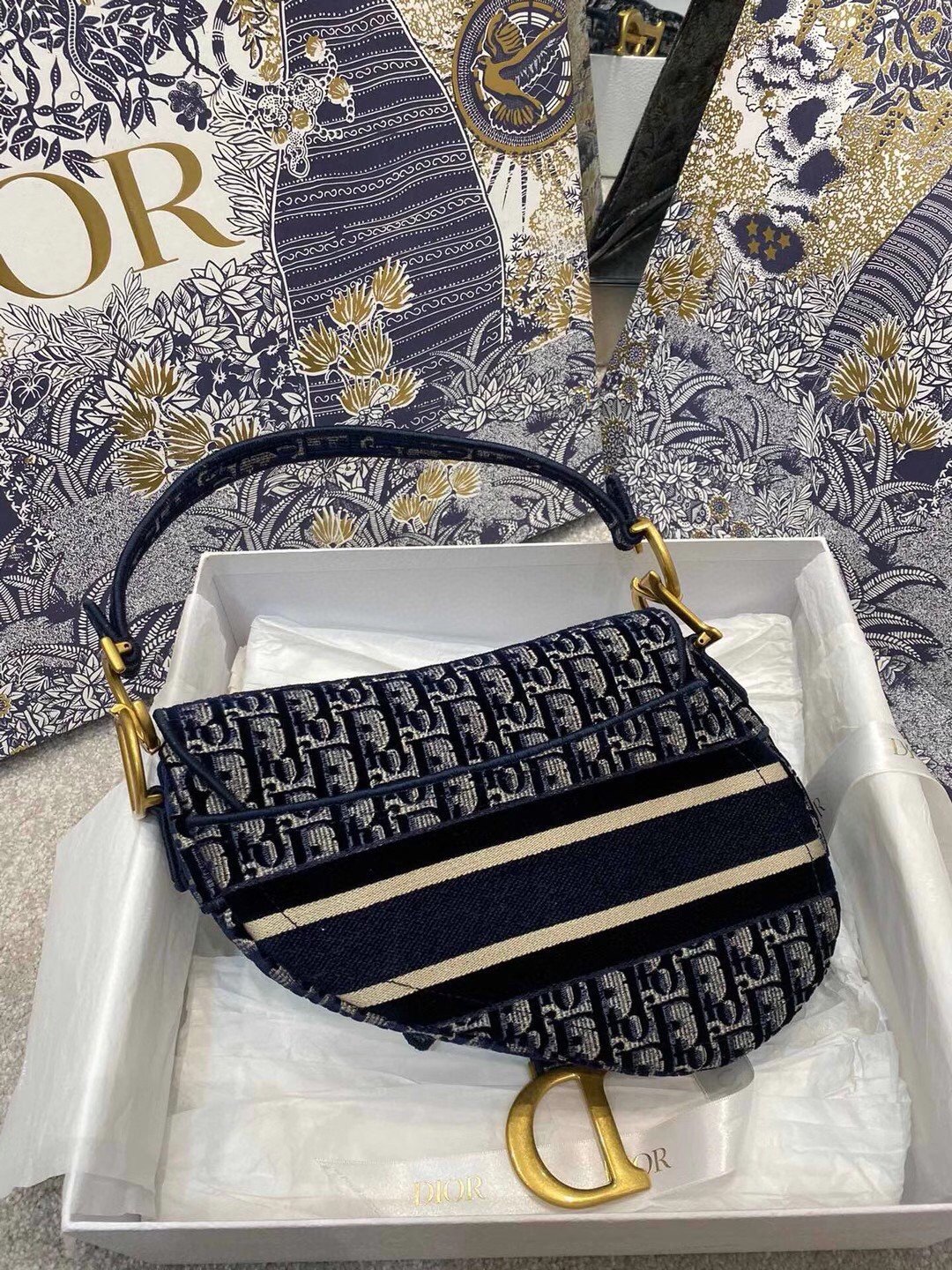 Dior Saddle Bag In Blue Velvet Oblique Embroidered