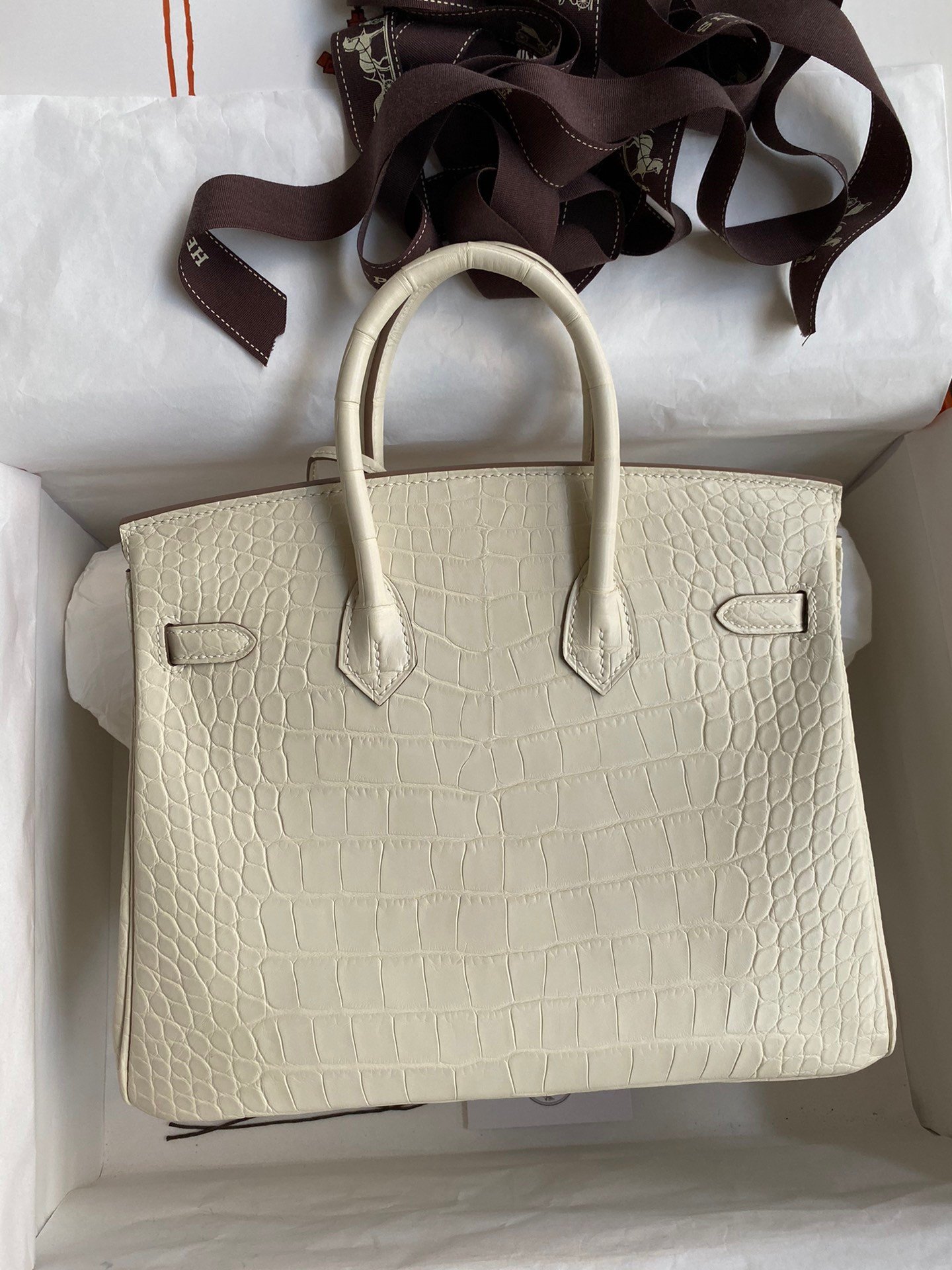 Hermes Birkin 25 Retourne Handmade Bag In Nata Matte Alligator Leather