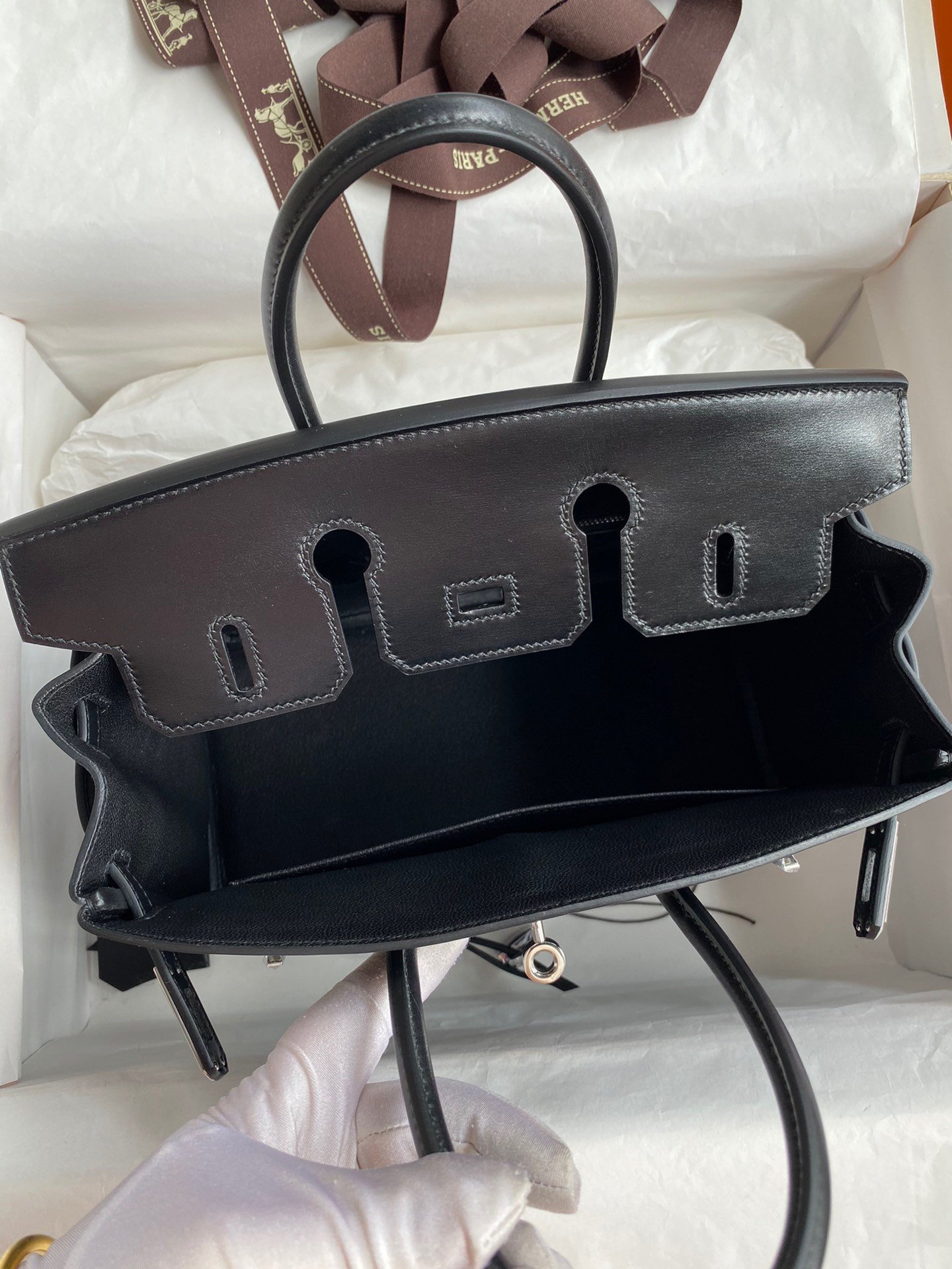 Hermes Birkin 25 Retourne Handmade Bag In Black Box Calfskin