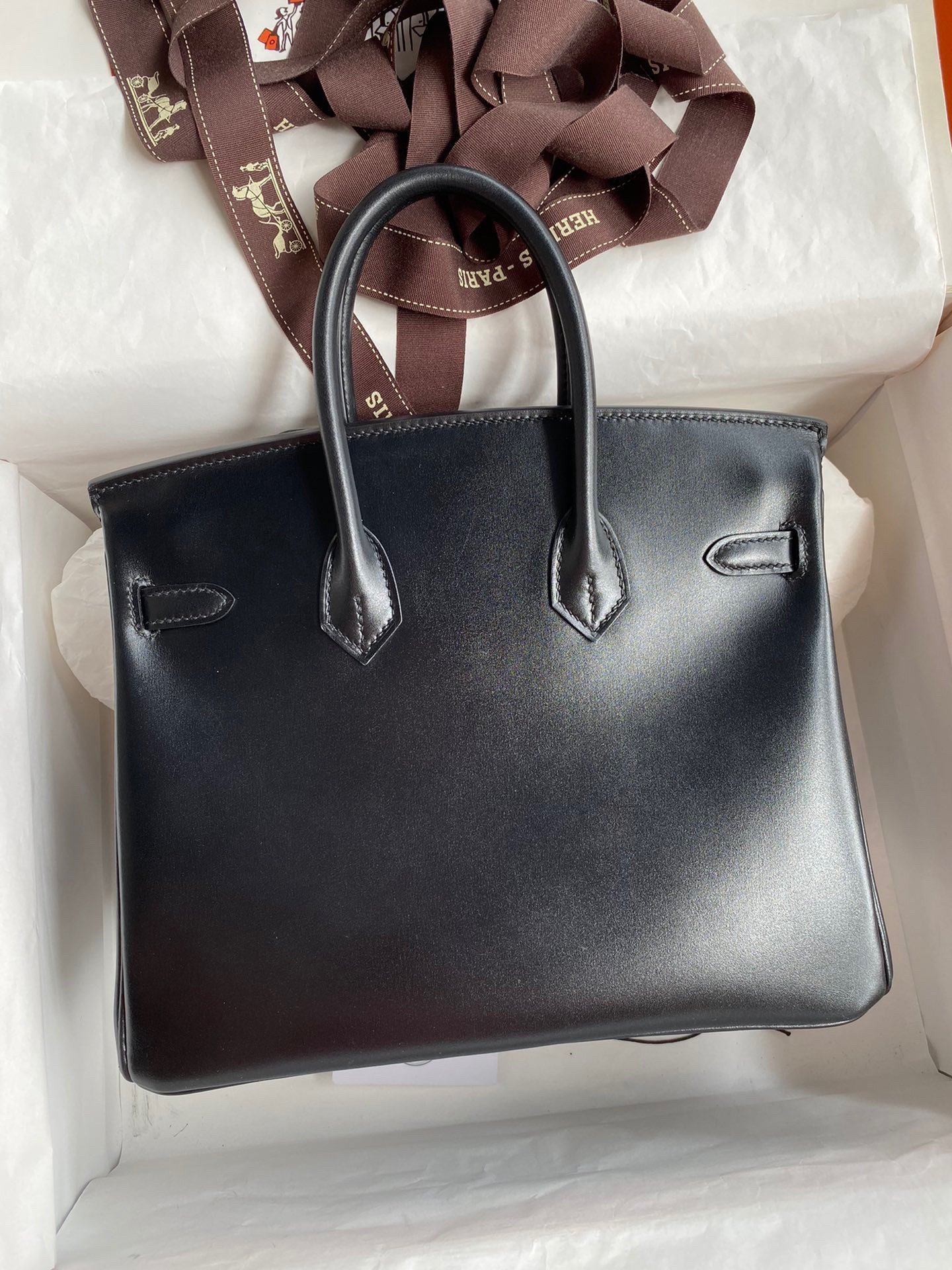 Hermes Birkin 25 Retourne Handmade Bag In Black Box Calfskin