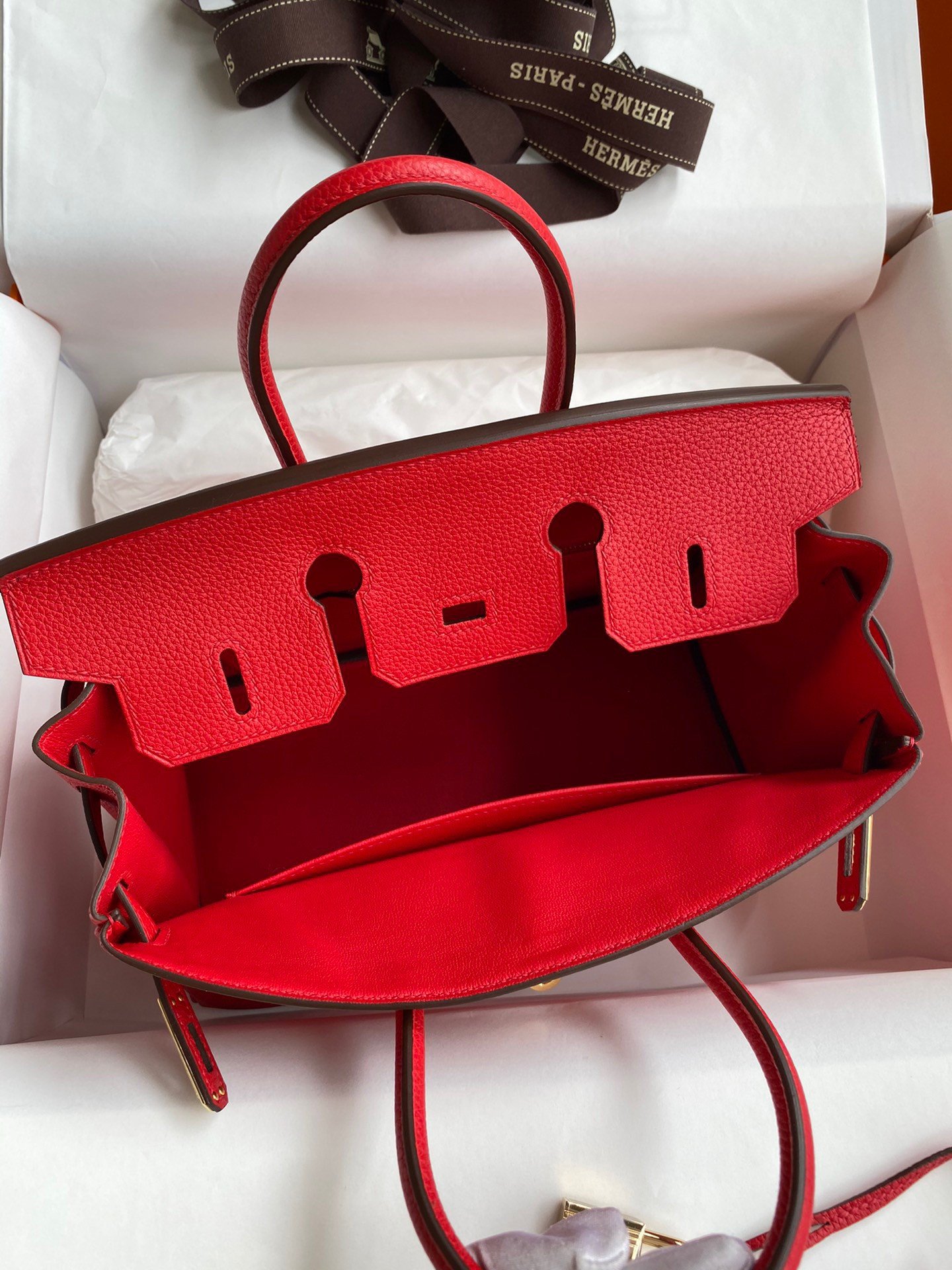 Hermes Birkin 25 Retourne Handmade Bag In Red Clemence Leather