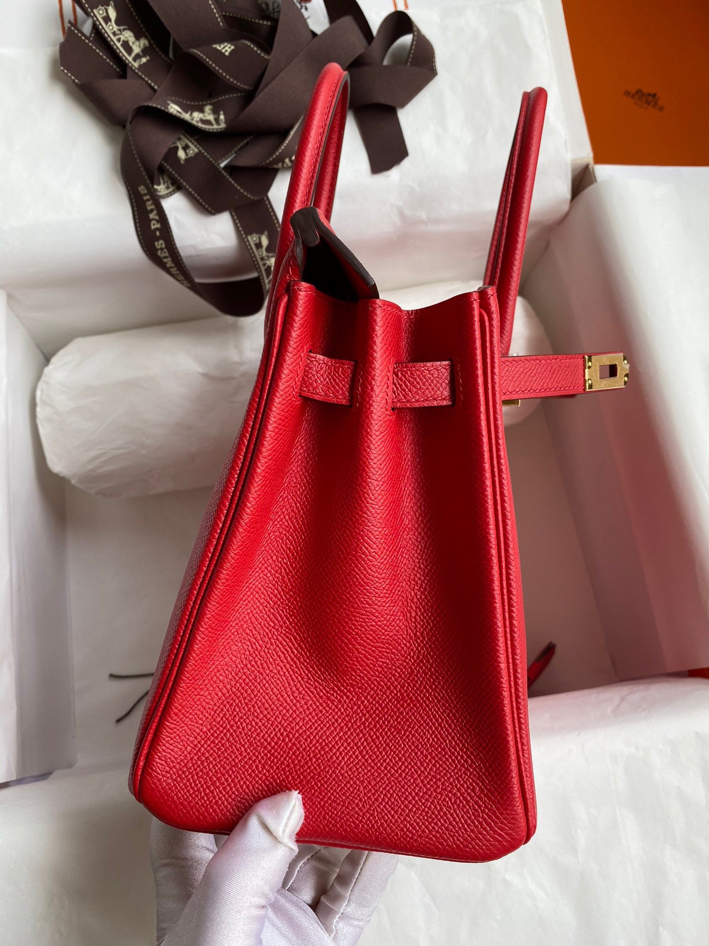 Hermes Birkin 25 Retourne Handmade Bag In Red Epsom Calfskin