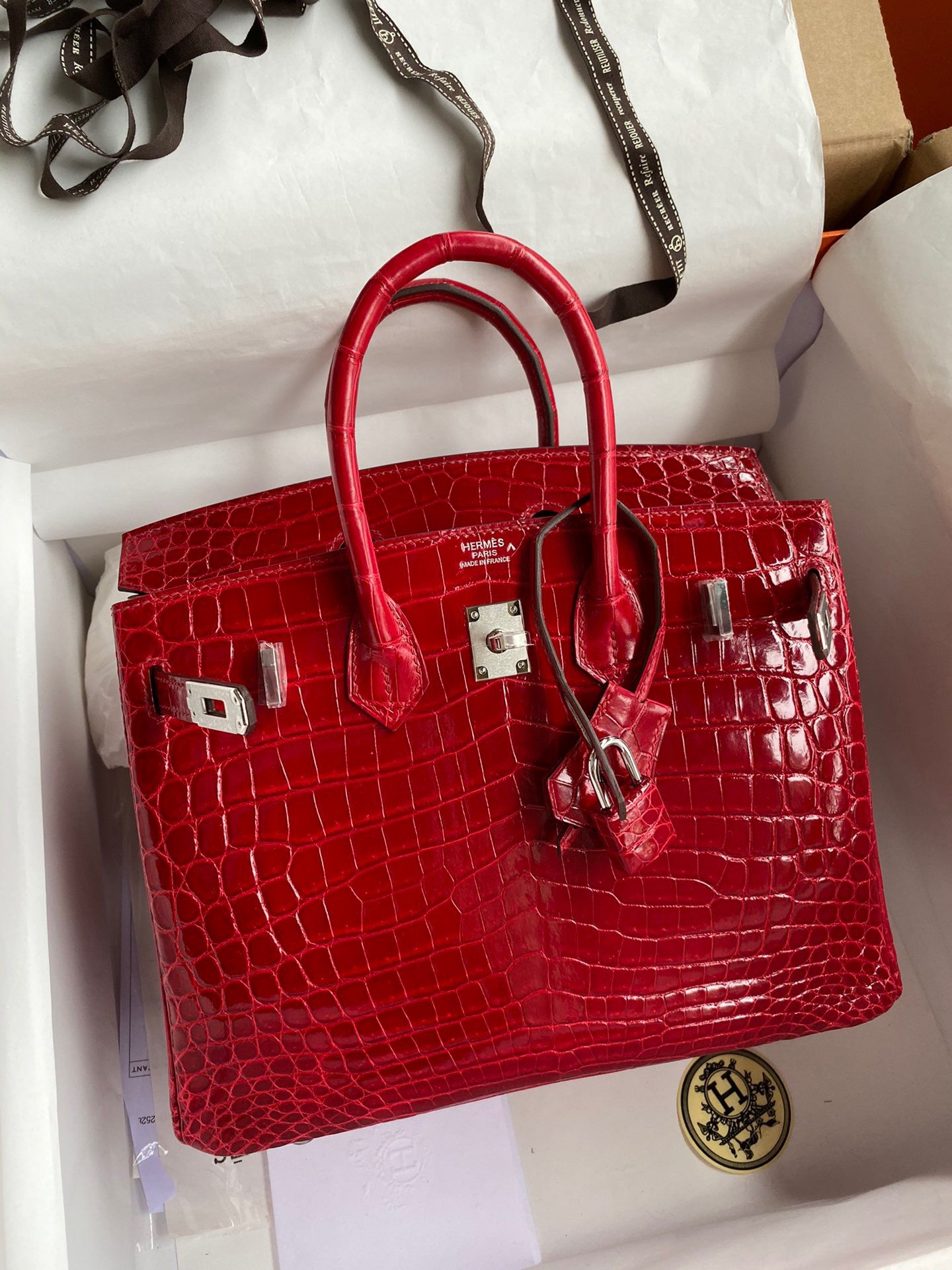 Hermes Birkin 25 Handmade Bag In Red Crocodile Porosus Shiny Skin