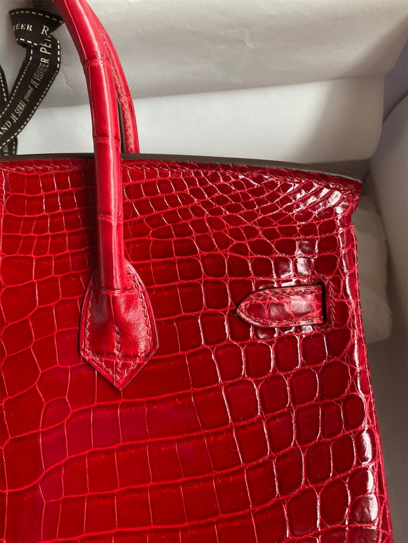 Hermes Birkin 25 Handmade Bag In Red Crocodile Porosus Shiny Skin