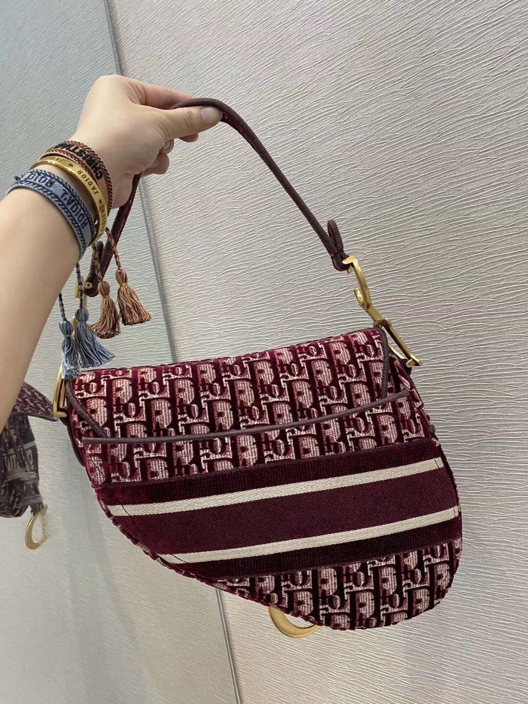 Dior Saddle Bag In Bordeaux Velvet Oblique Embroidered