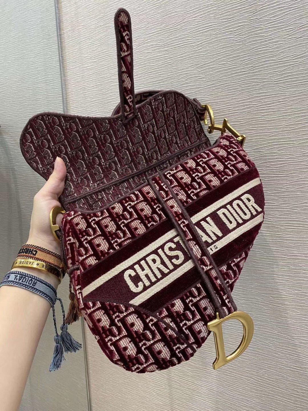 Dior Saddle Bag In Bordeaux Velvet Oblique Embroidered