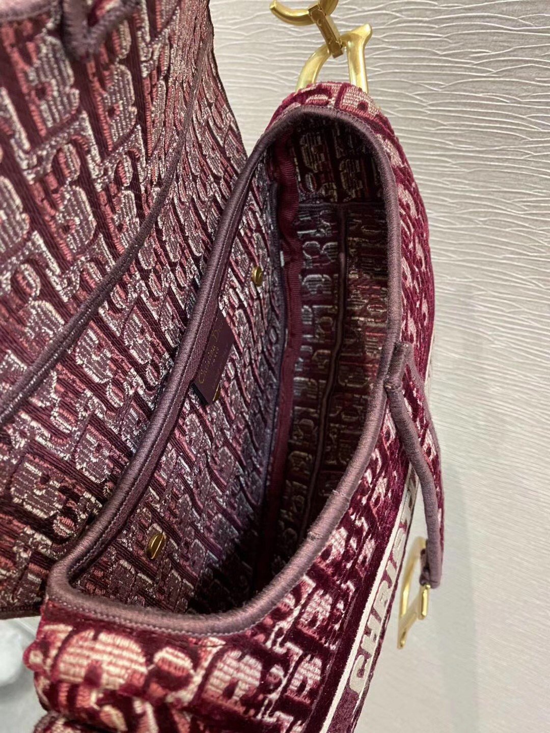 Dior Saddle Bag In Bordeaux Velvet Oblique Embroidered