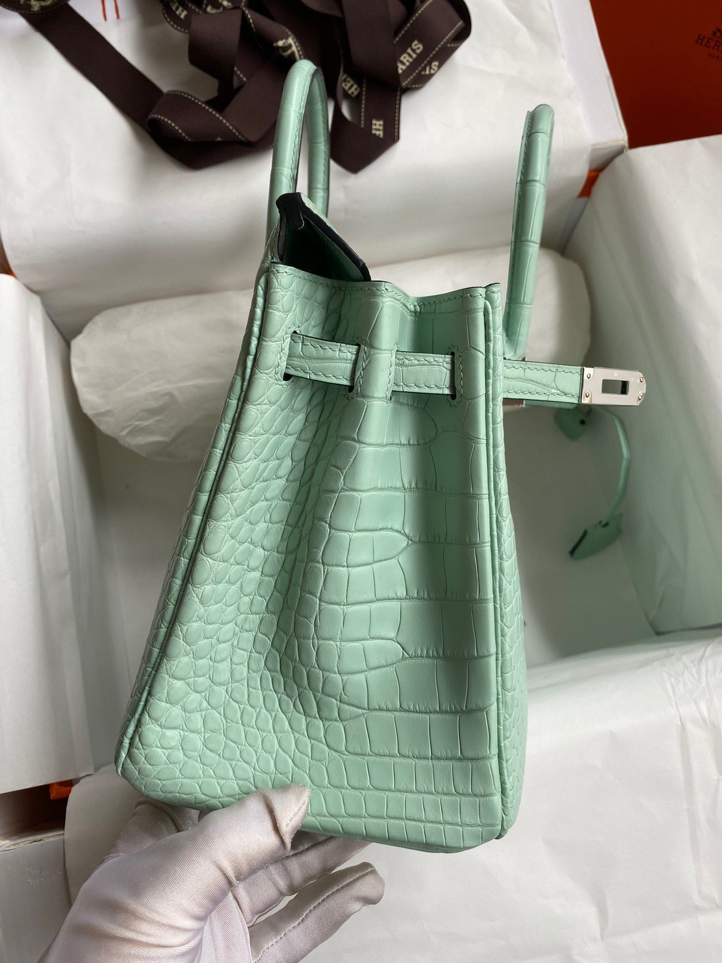 Hermes Birkin 25 Retourne Handmade Bag In Vert D'eau Matte Alligator Leather