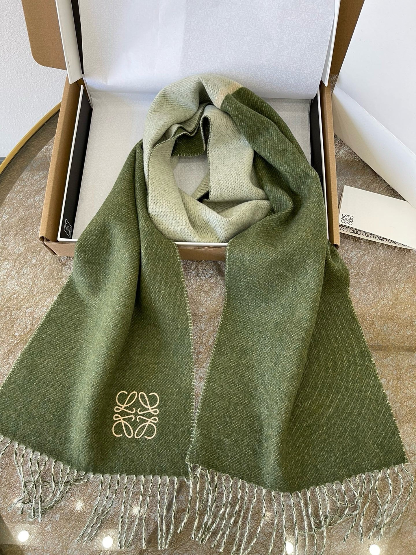 Loewe Window Scarf in Green/Beige Wool and Cashmere