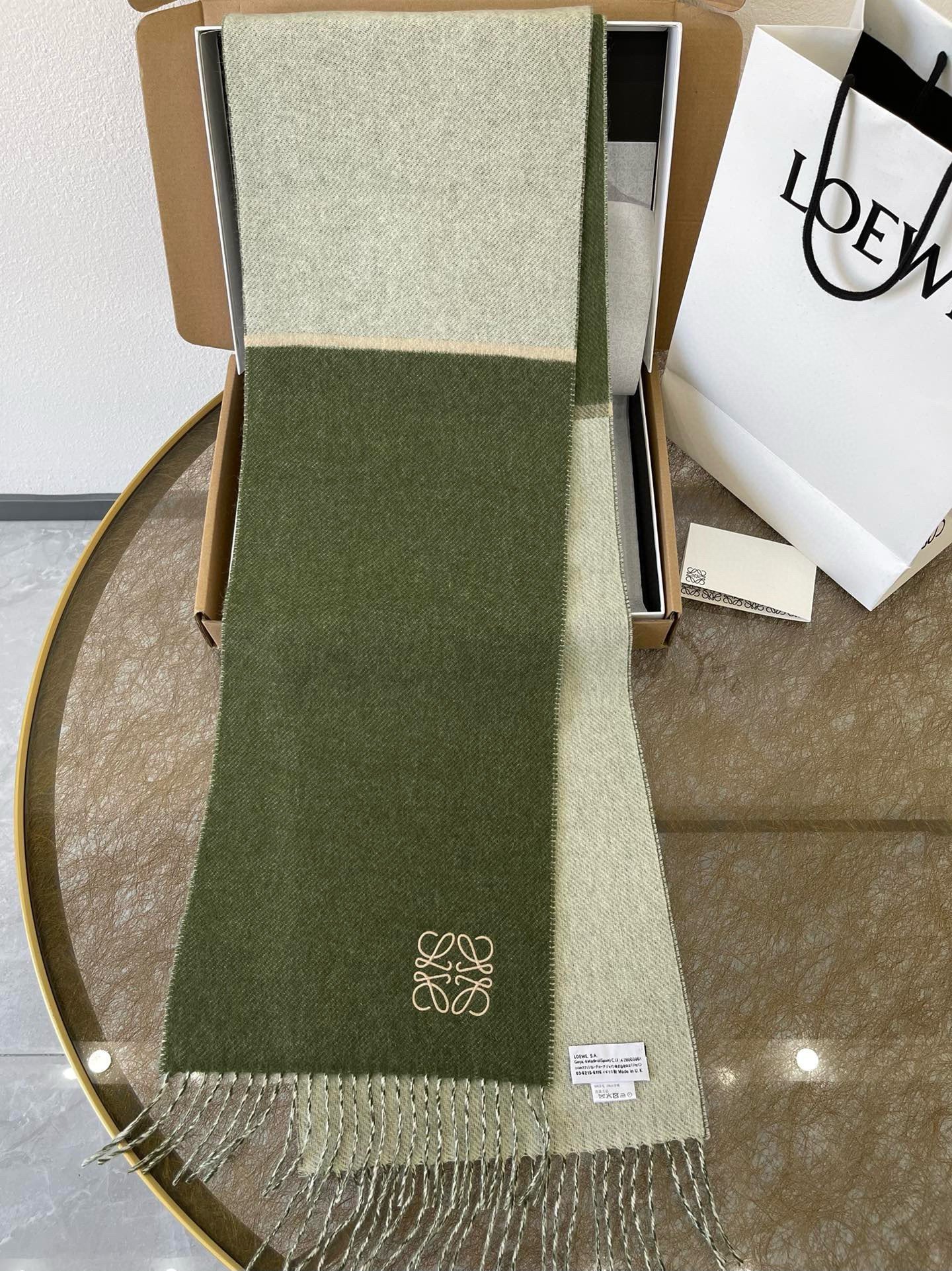 Loewe Window Scarf in Green/Beige Wool and Cashmere