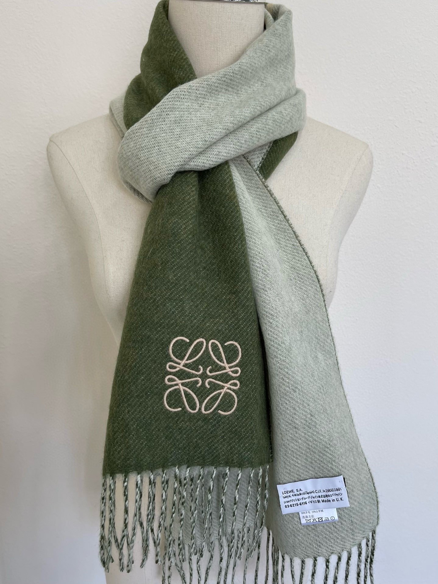 Loewe Window Scarf in Green/Beige Wool and Cashmere