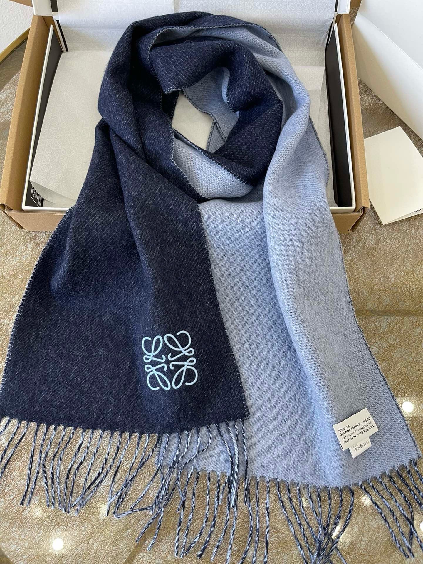 Loewe Double Face Scarf in Navy/Light Blue Wool and Cashmere