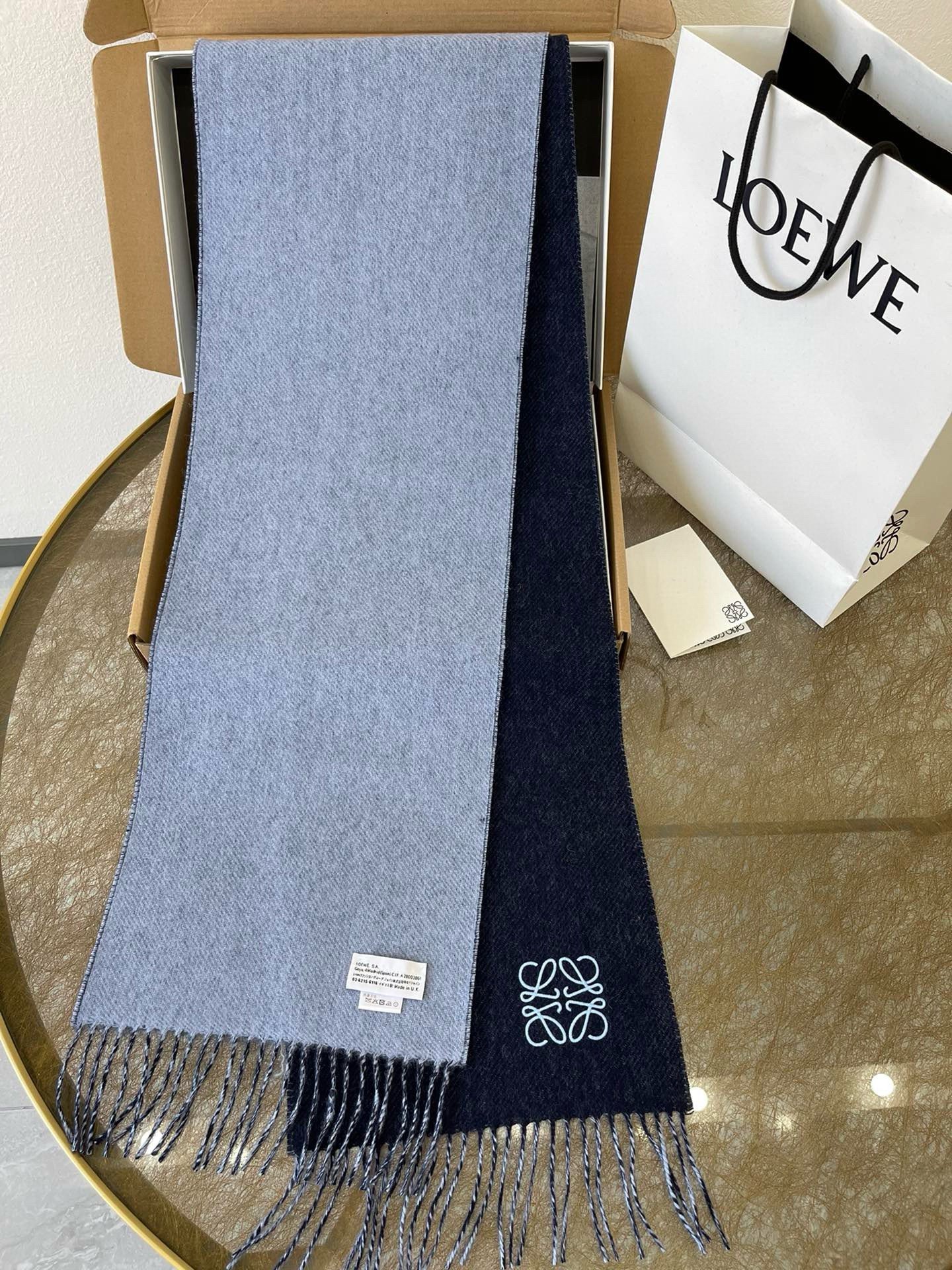 Loewe Double Face Scarf in Navy/Light Blue Wool and Cashmere