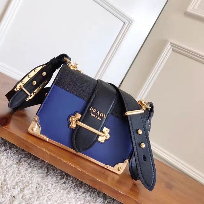 Prada Cahier Shoulder Bag In Blue/Black Leather